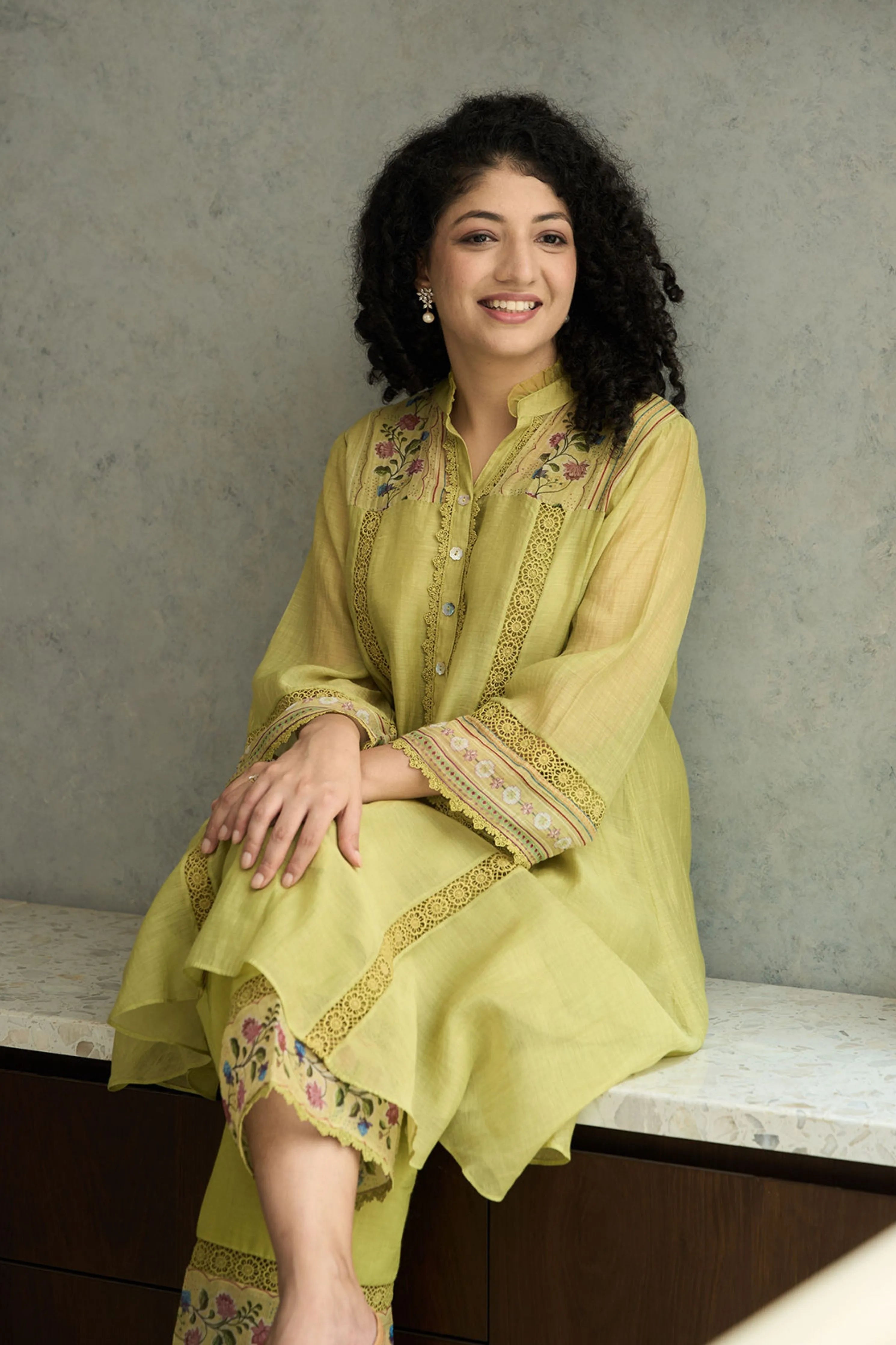 Lime Green Bell Sleeves Kurta Set