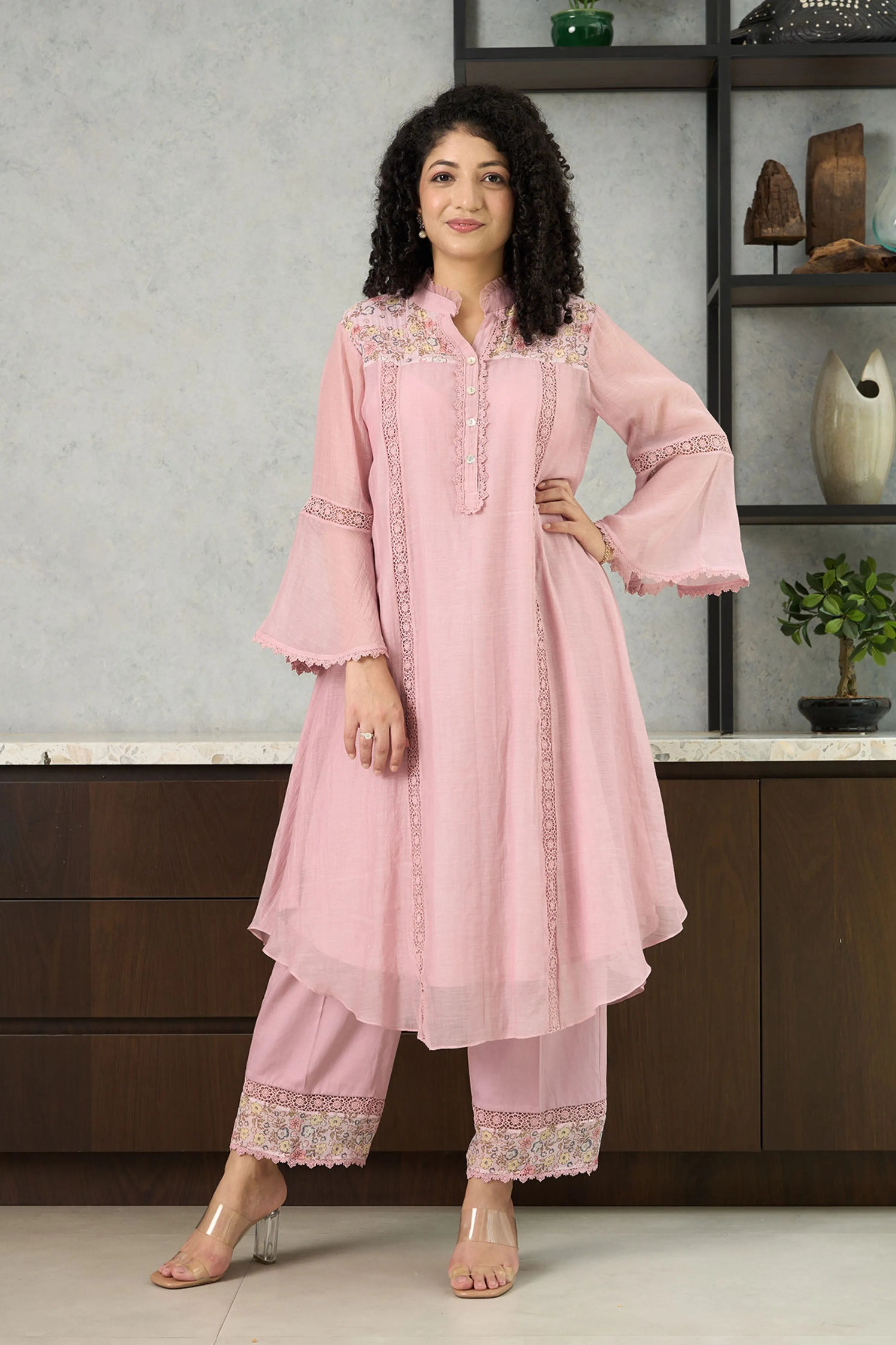 Pink Bell Sleeves Kurta Set