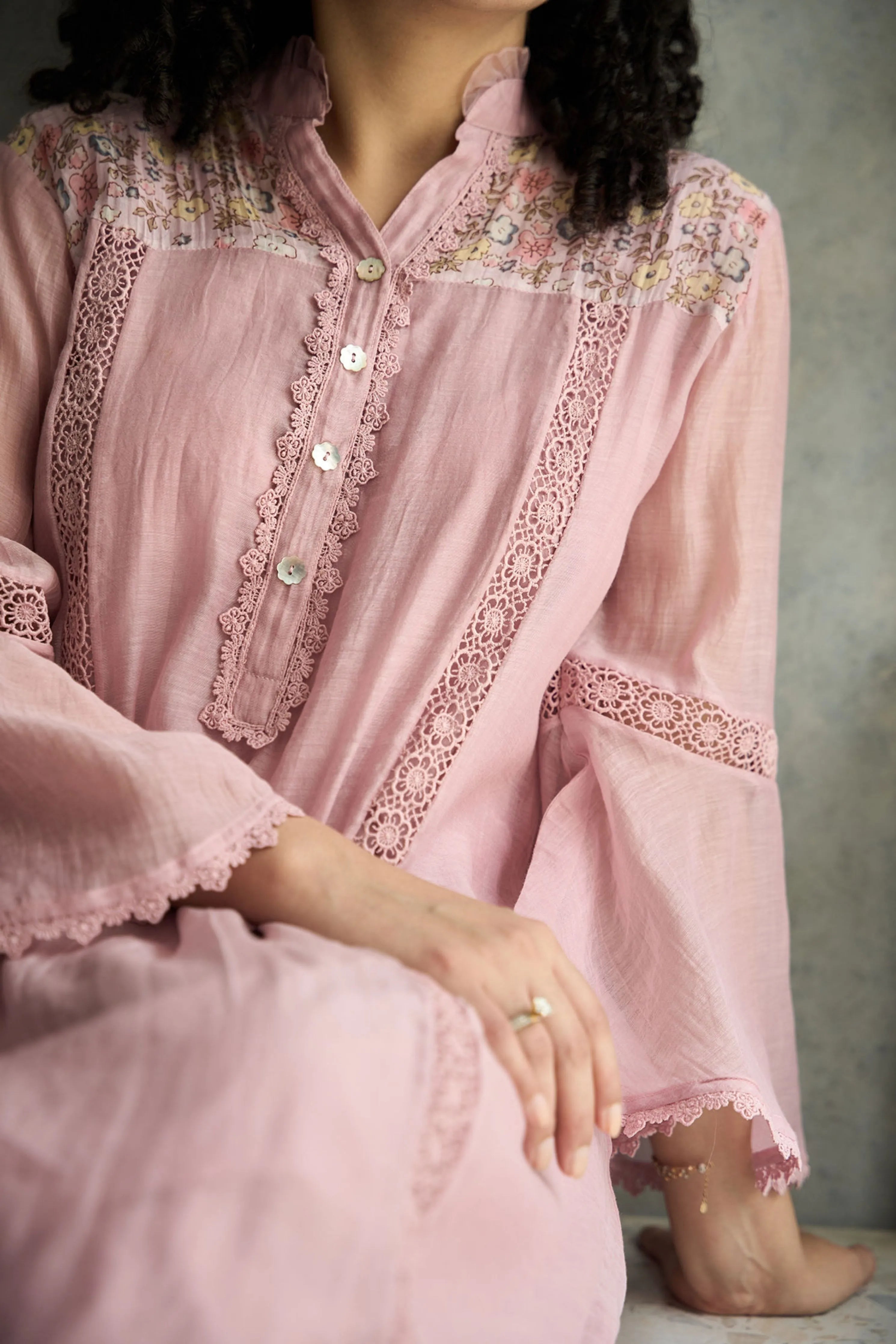 Pink Bell Sleeves Kurta Set