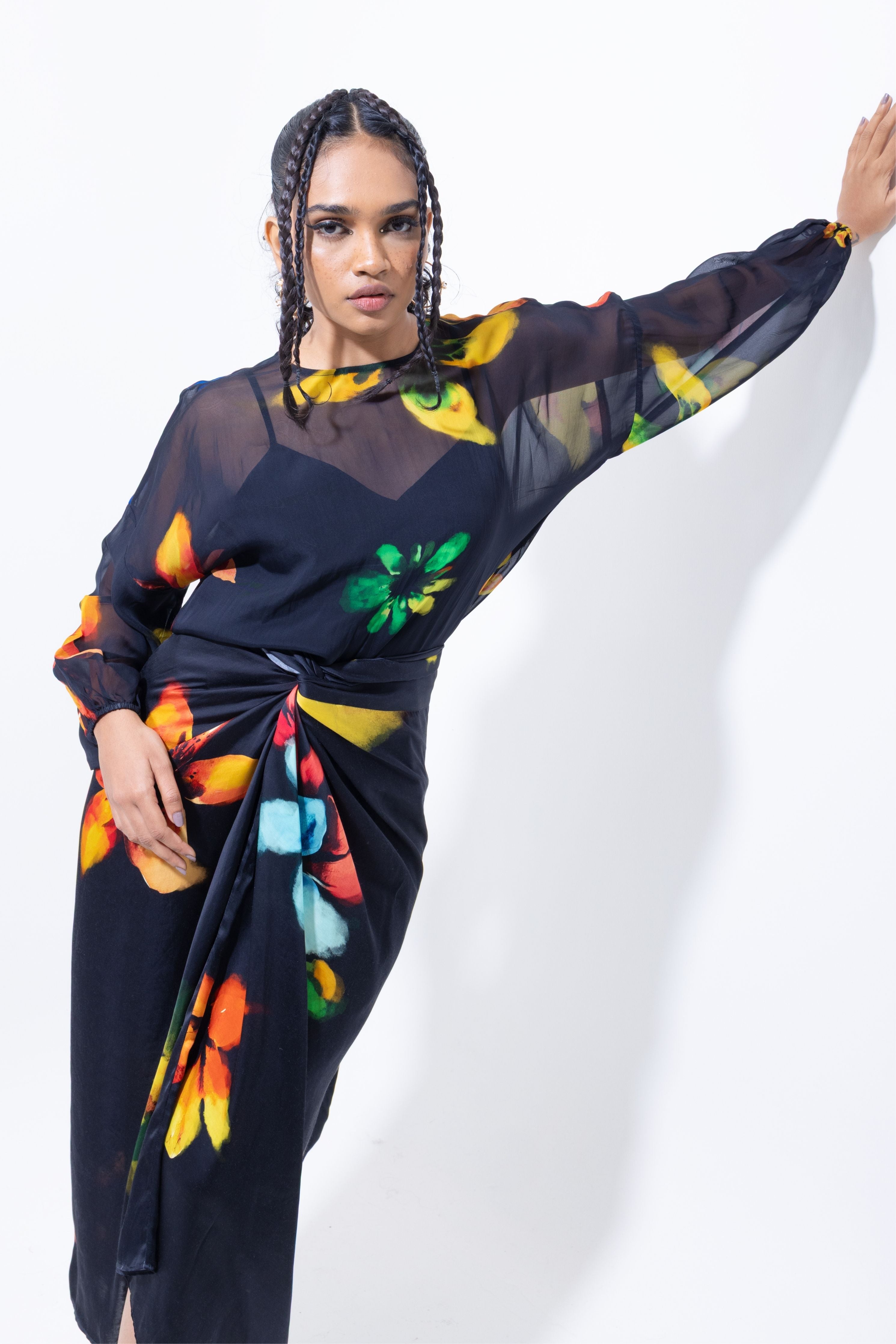 Floral Print Sheer Top – Black