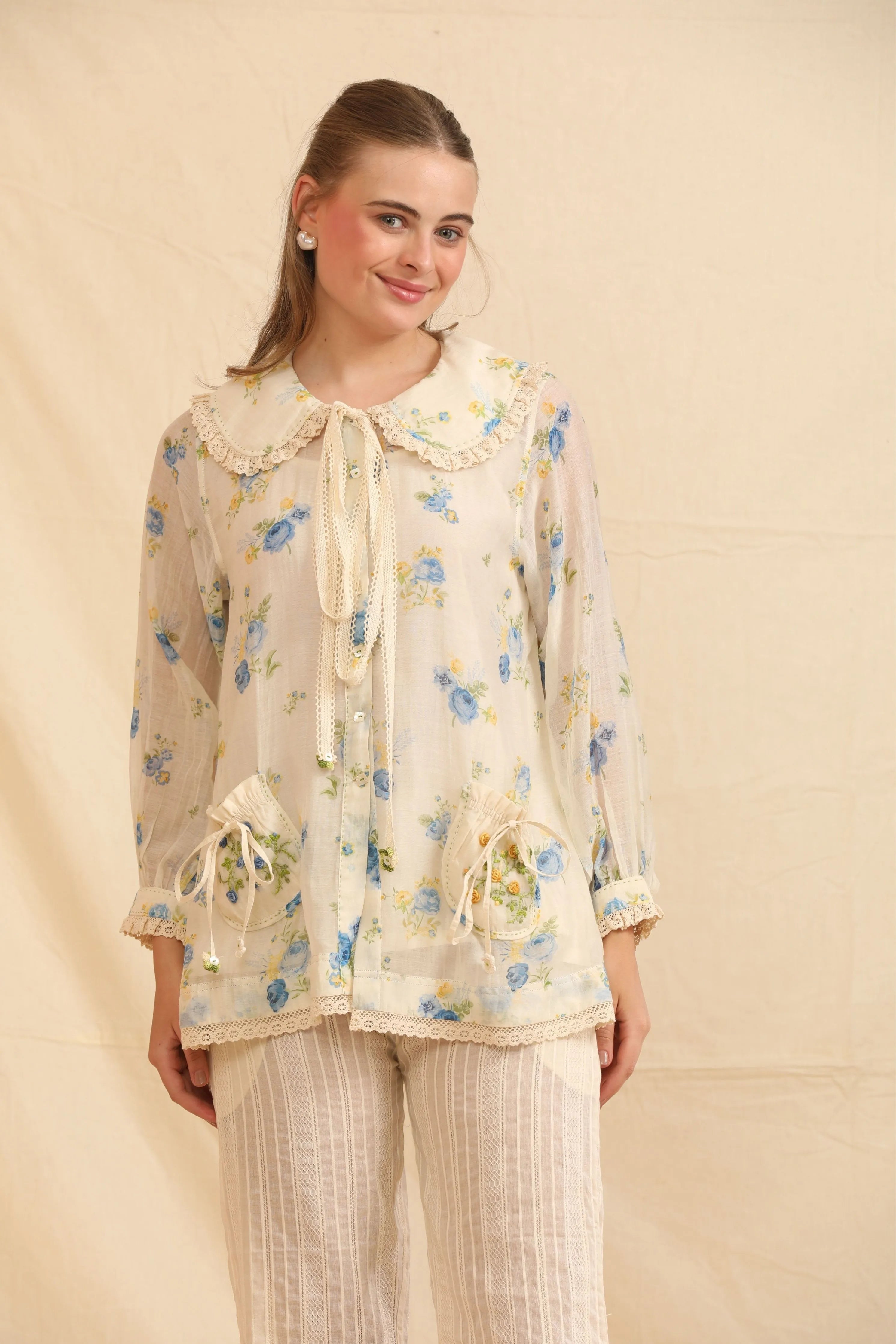 Blue & White Hand Woven Cotton Silk Top