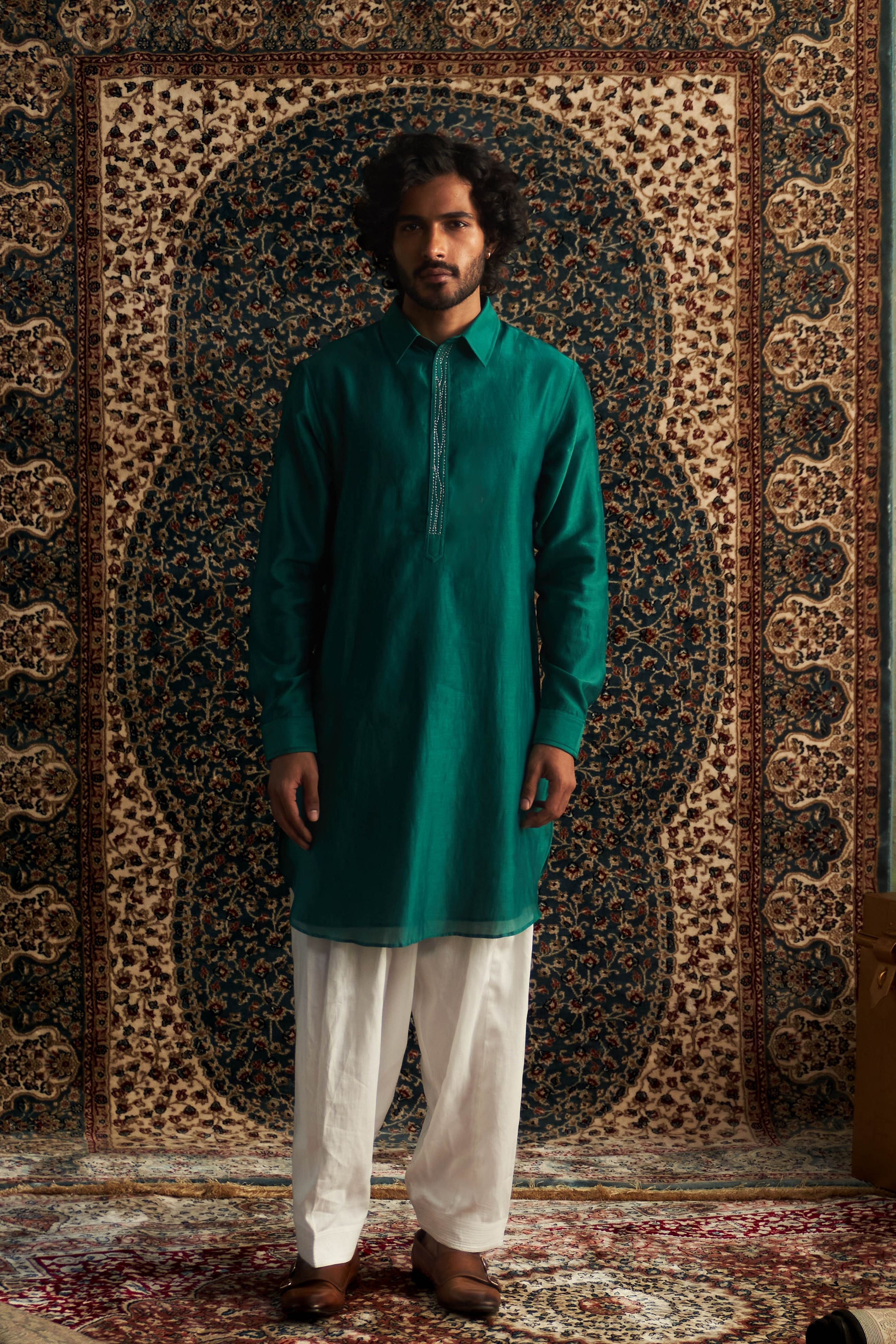 Emerald green pathani kurts set
