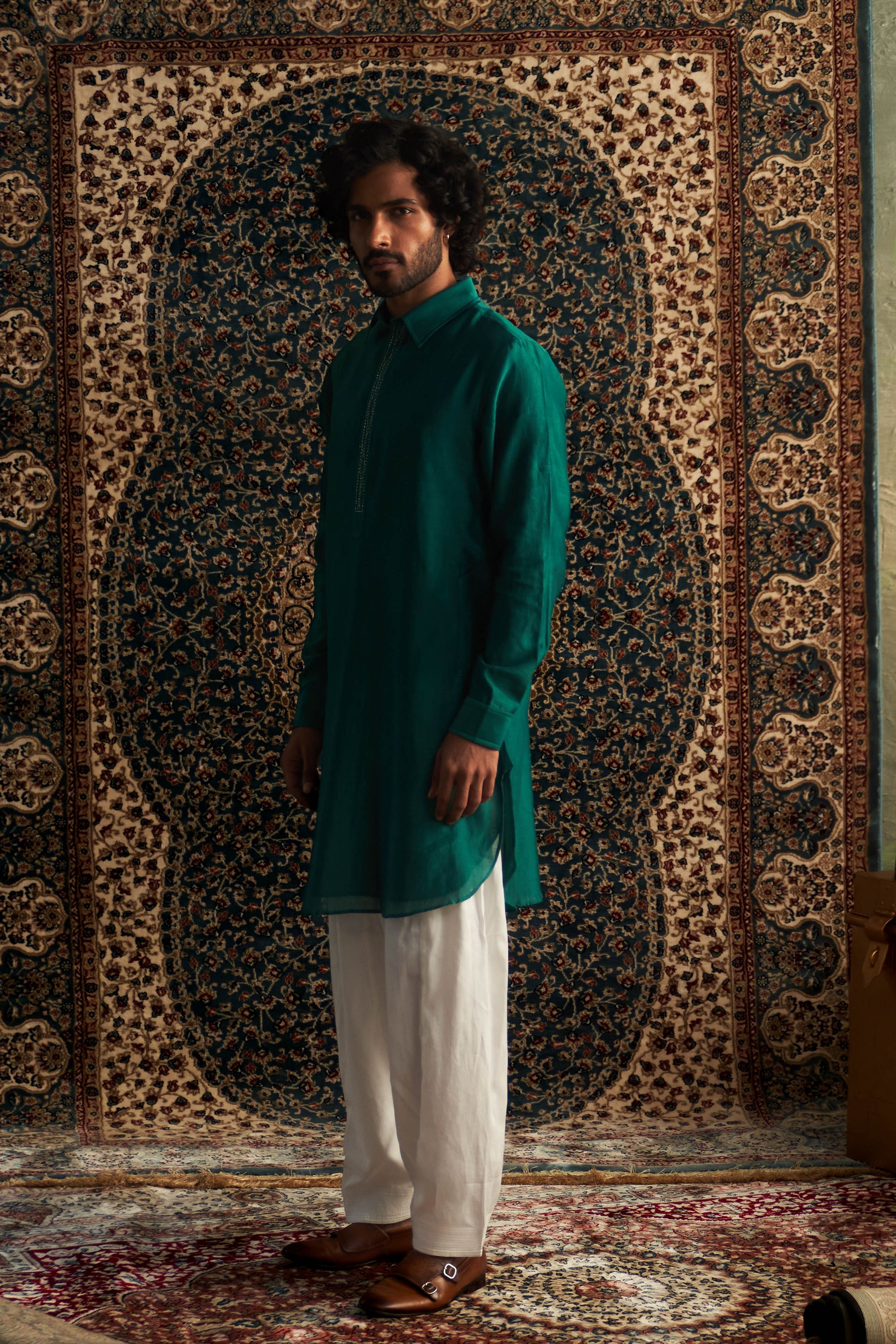 Emerald green pathani kurts set