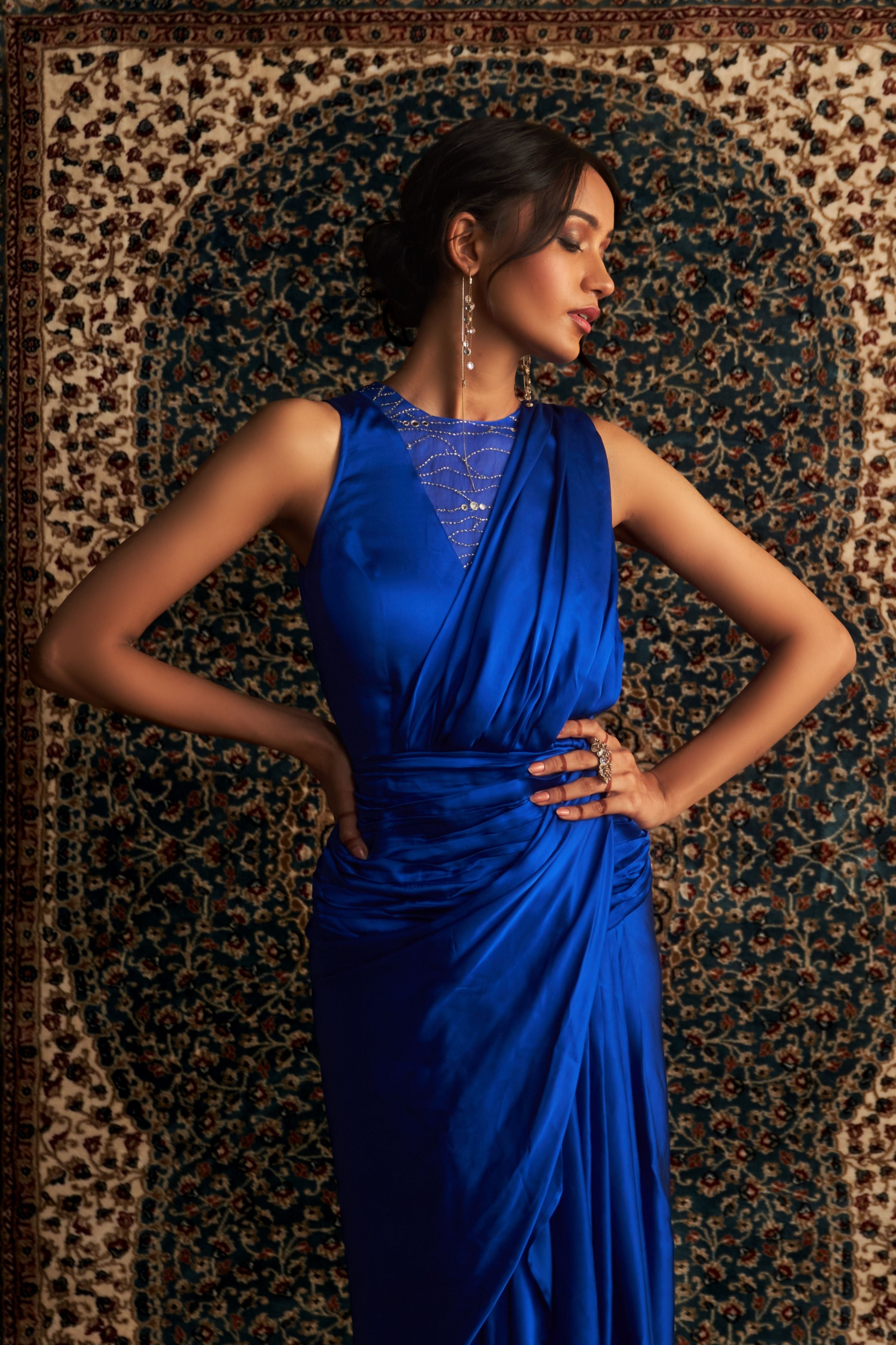 Blue Gown Draped Saree