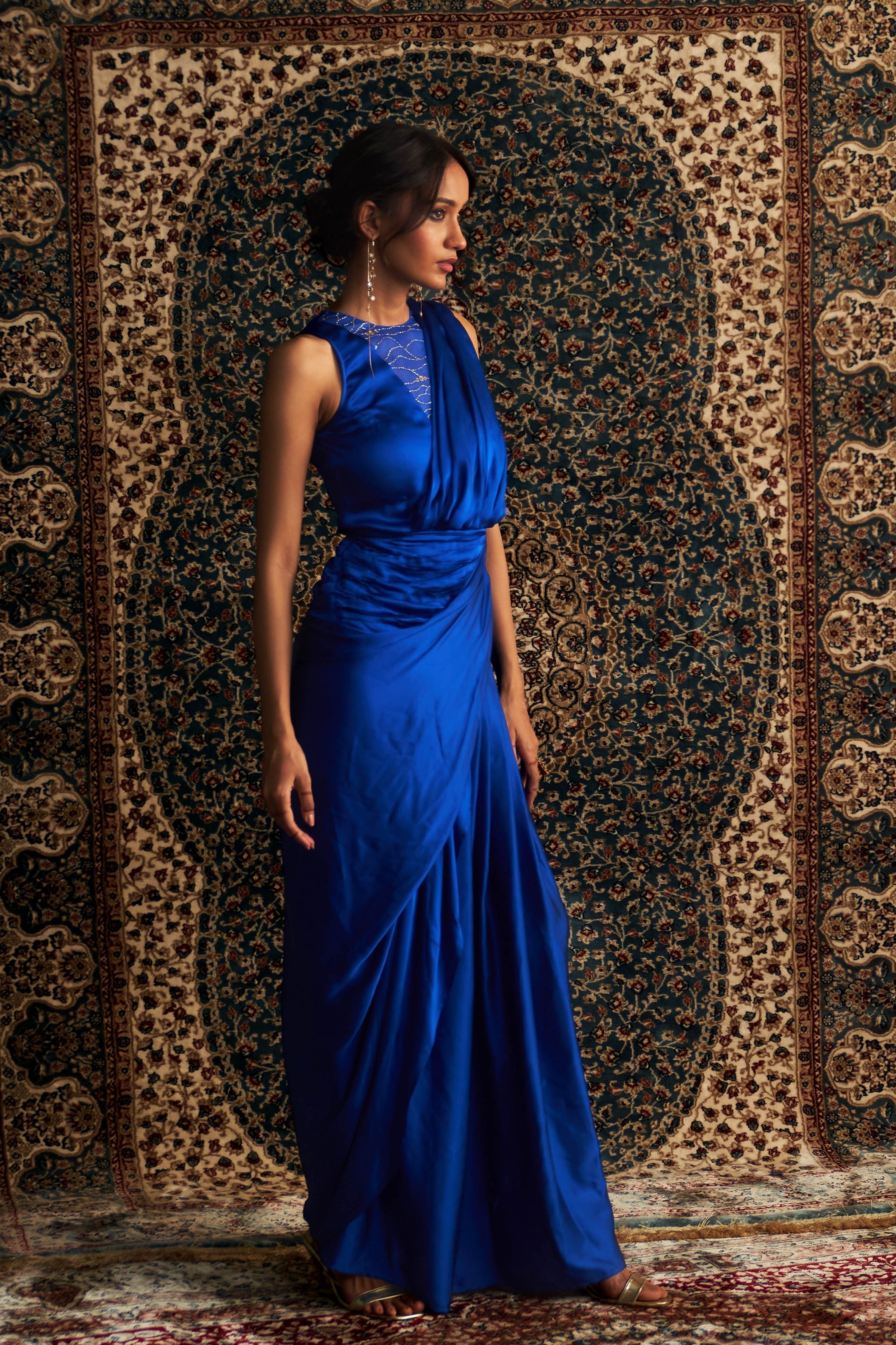 Blue Gown Draped Saree
