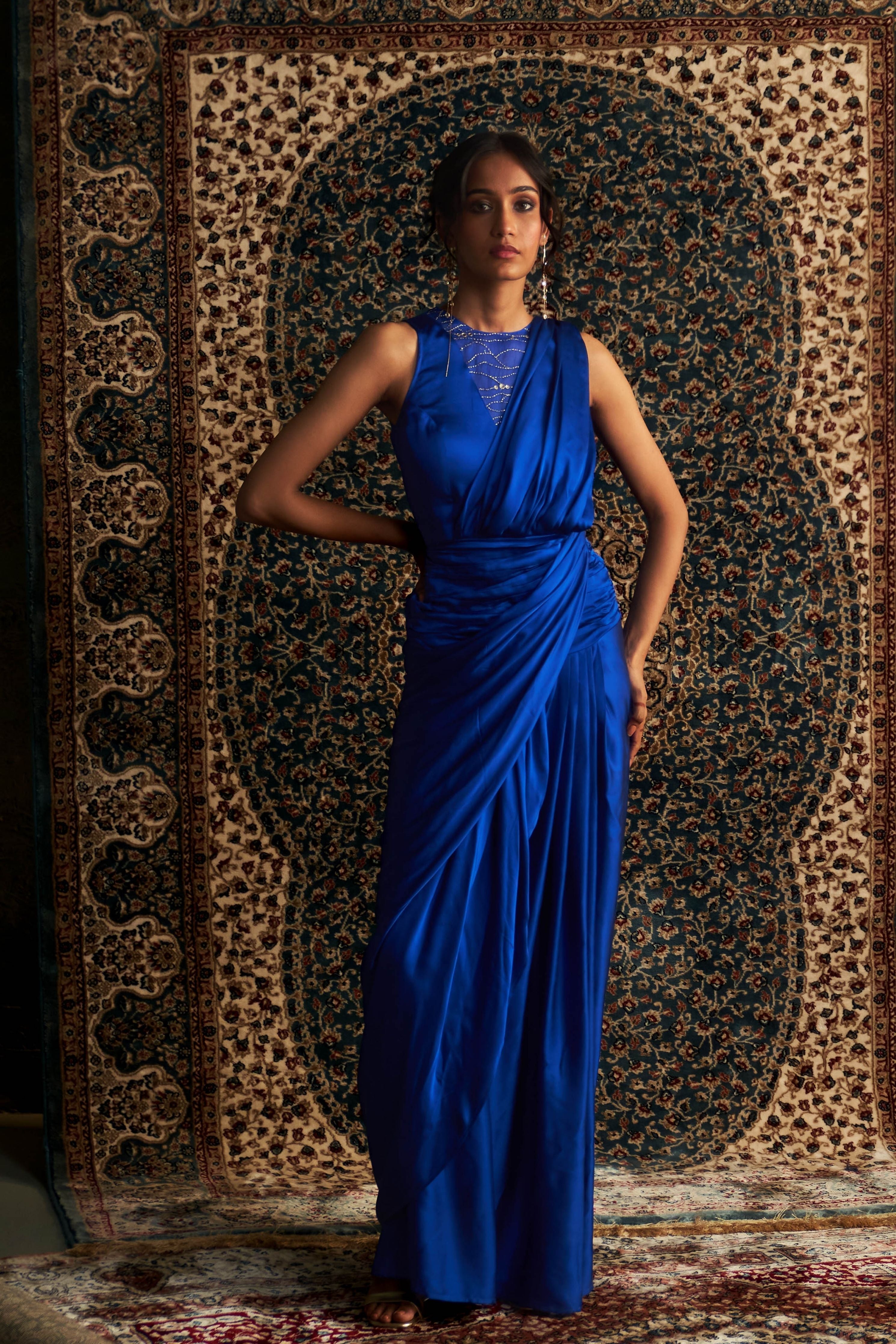 Blue Gown Draped Saree