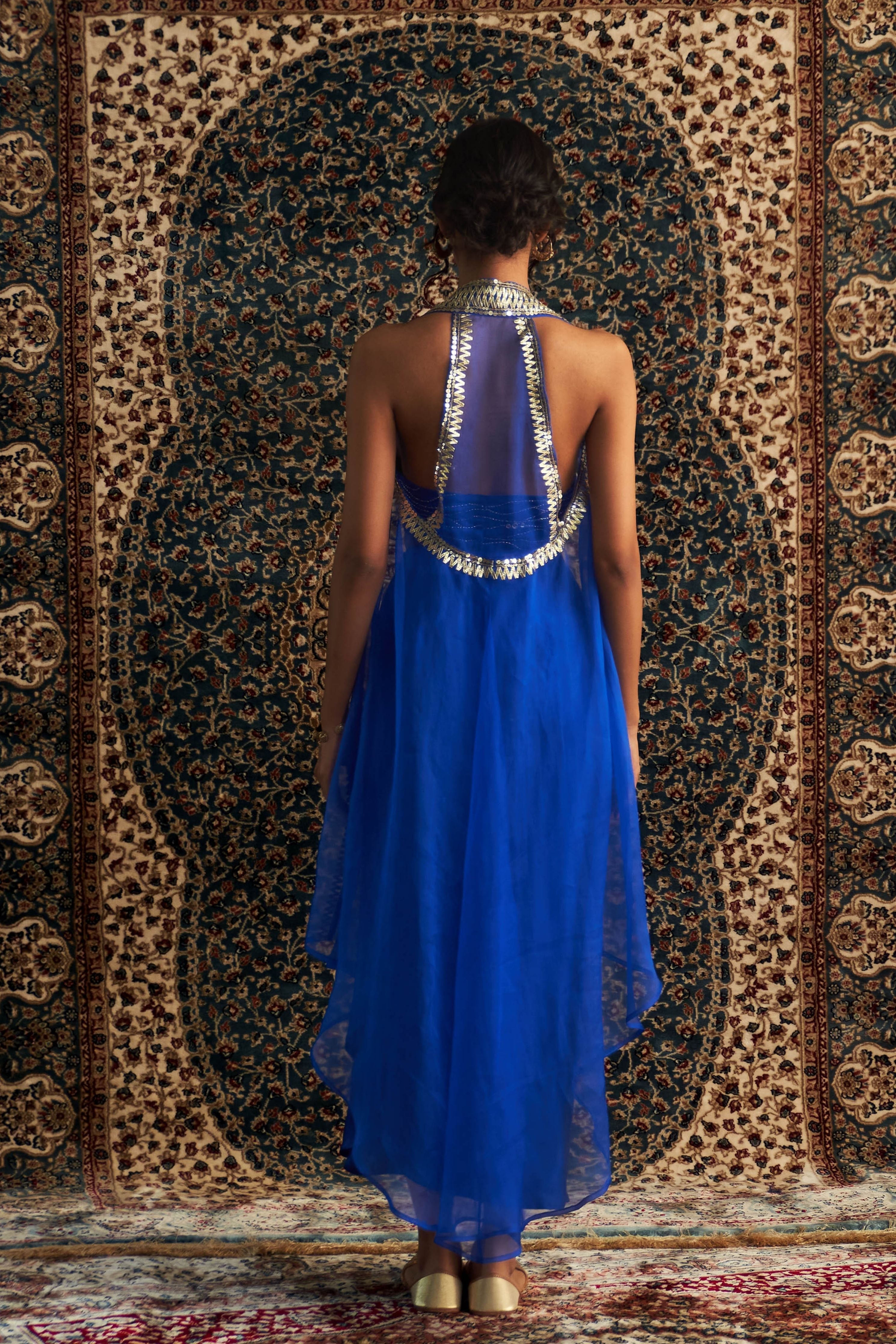 Blue Embroidered jacket with Draped Skirt Set