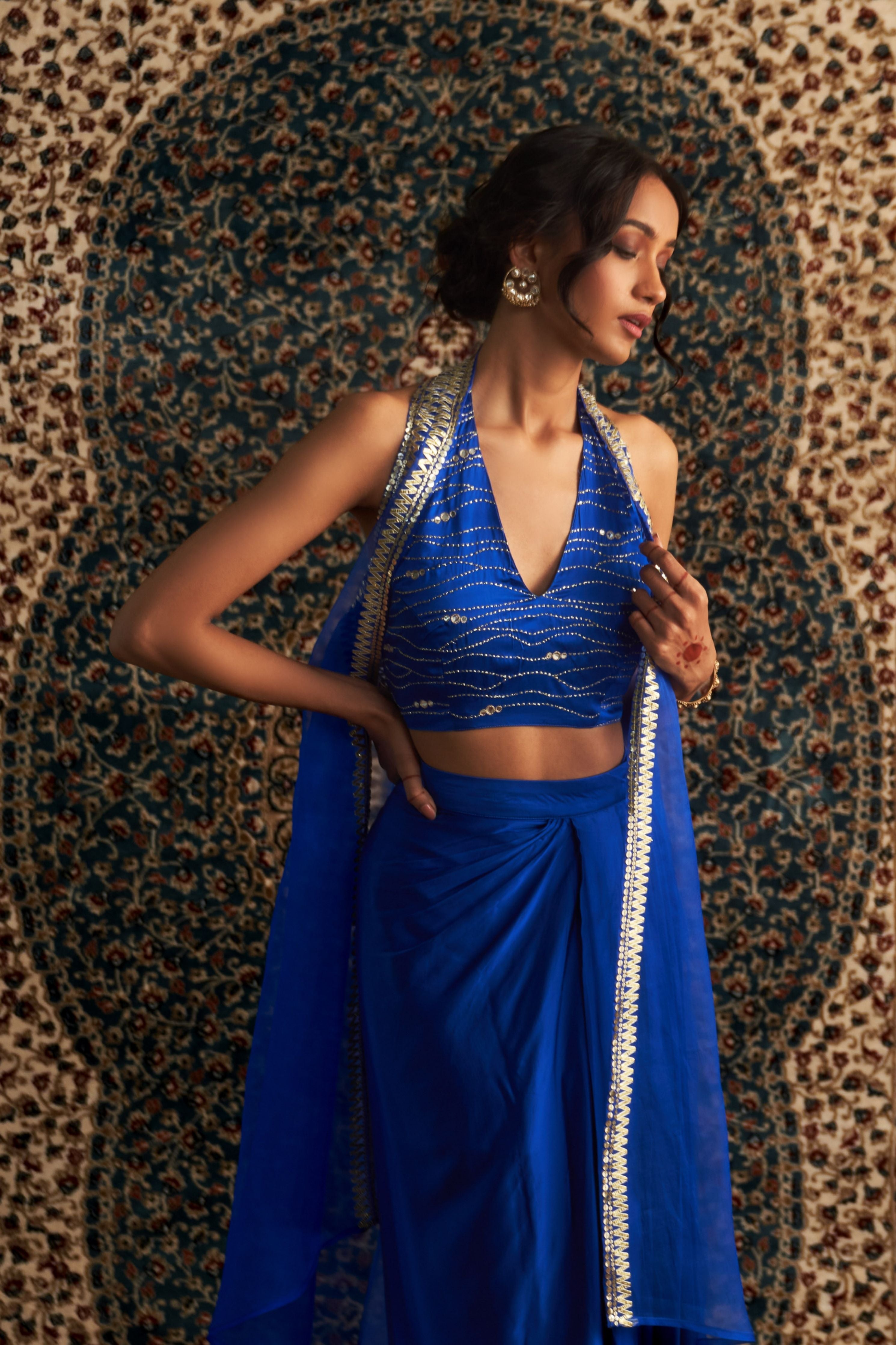Blue Embroidered jacket with Draped Skirt Set