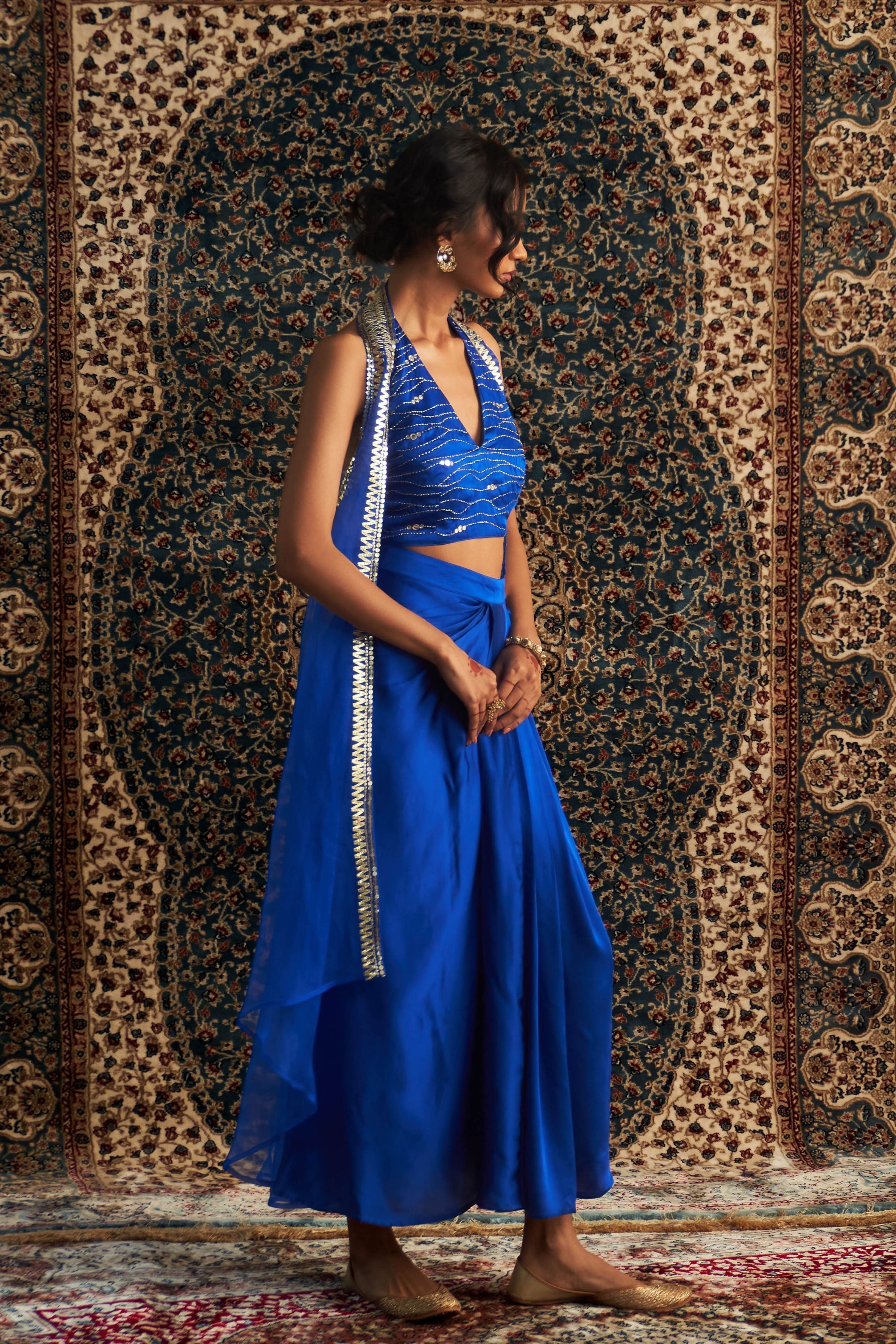 Blue Embroidered jacket with Draped Skirt Set