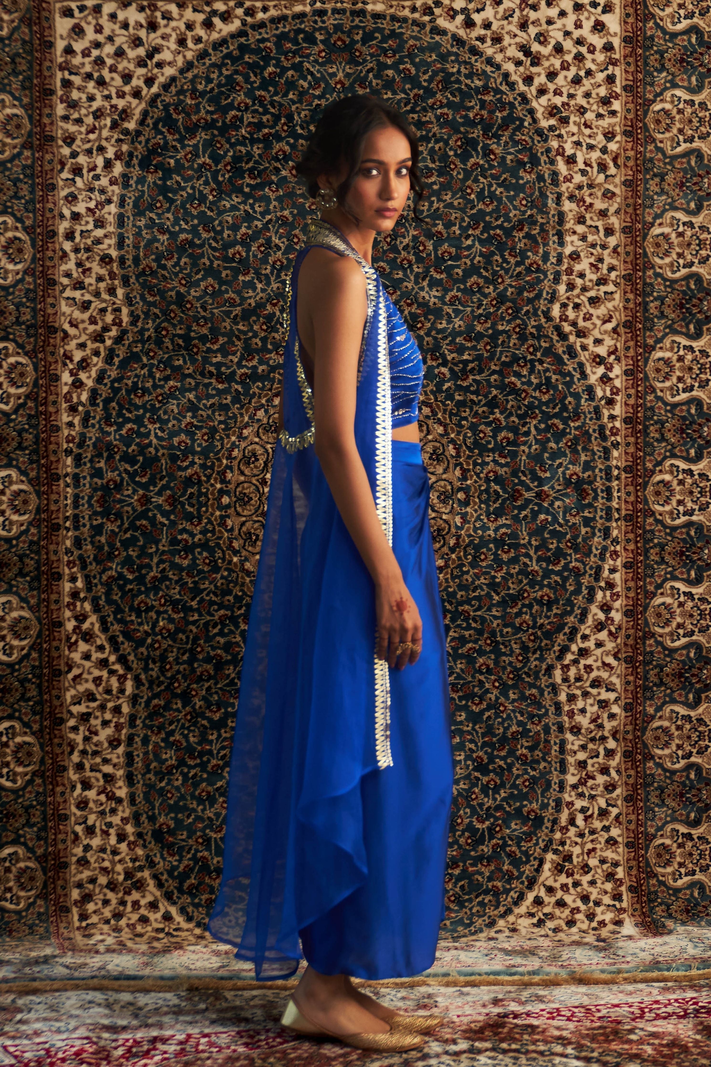Blue Embroidered jacket with Draped Skirt Set