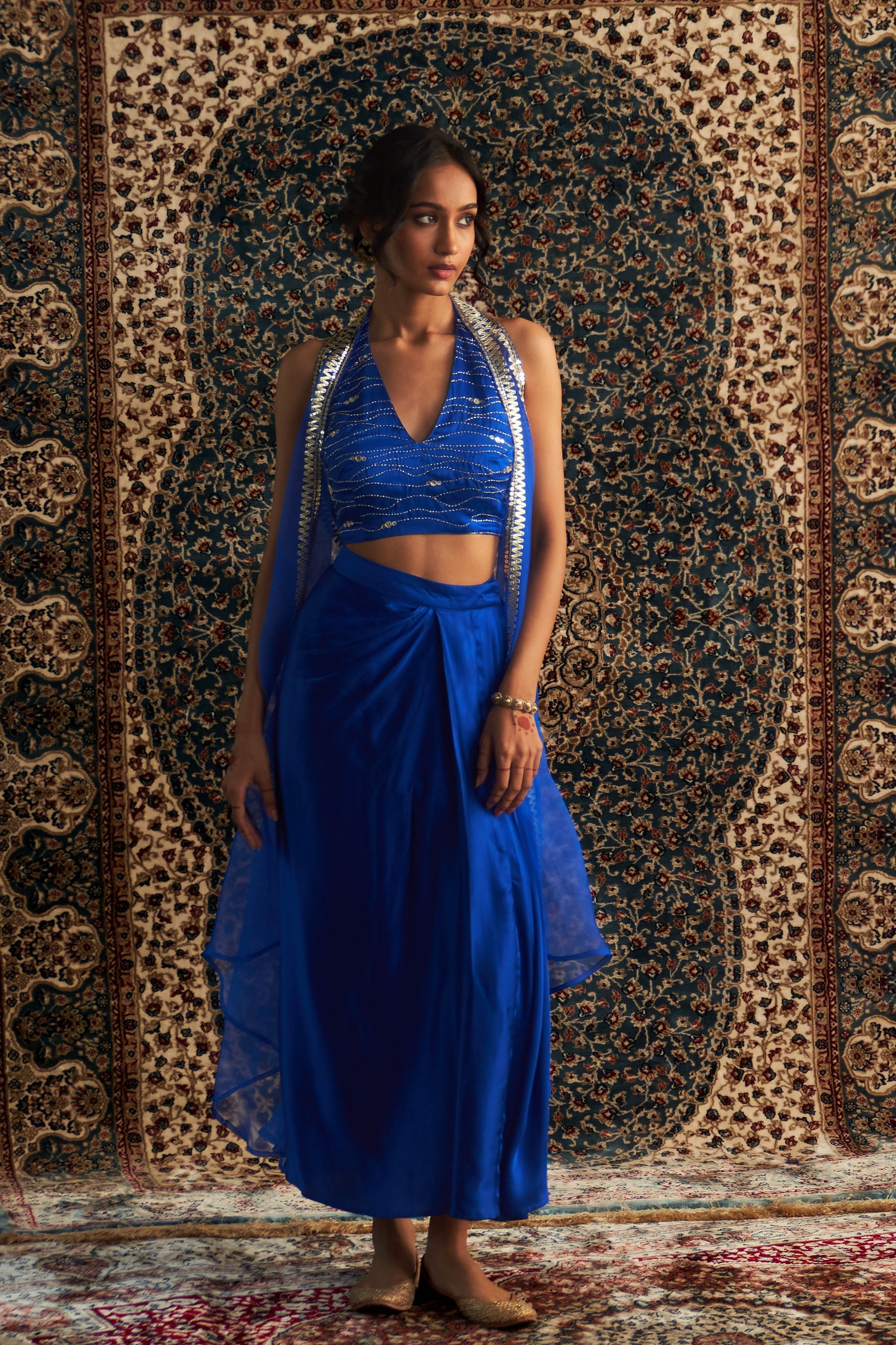 Blue Embroidered jacket with Draped Skirt Set