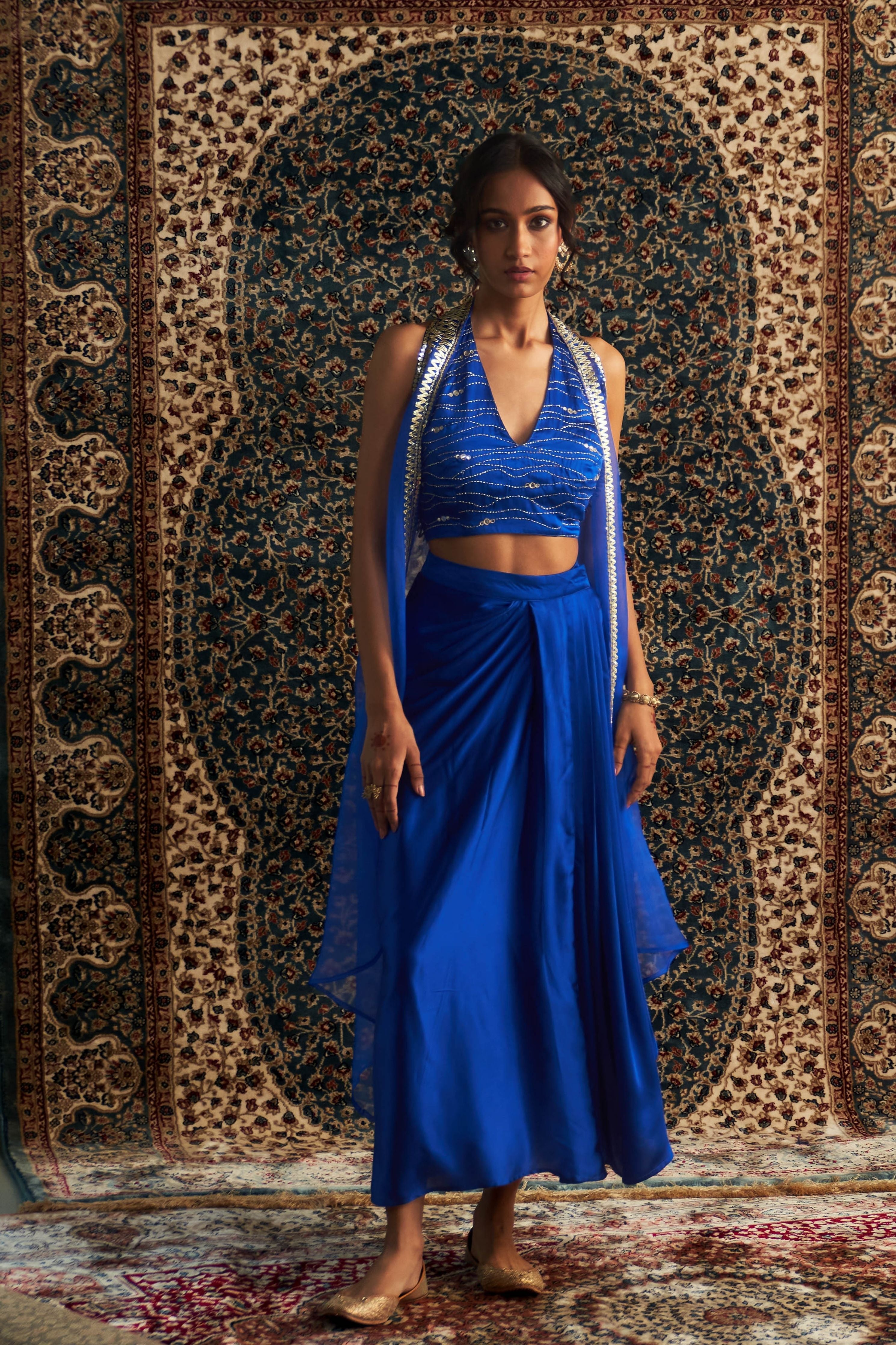 Blue Embroidered jacket with Draped Skirt Set