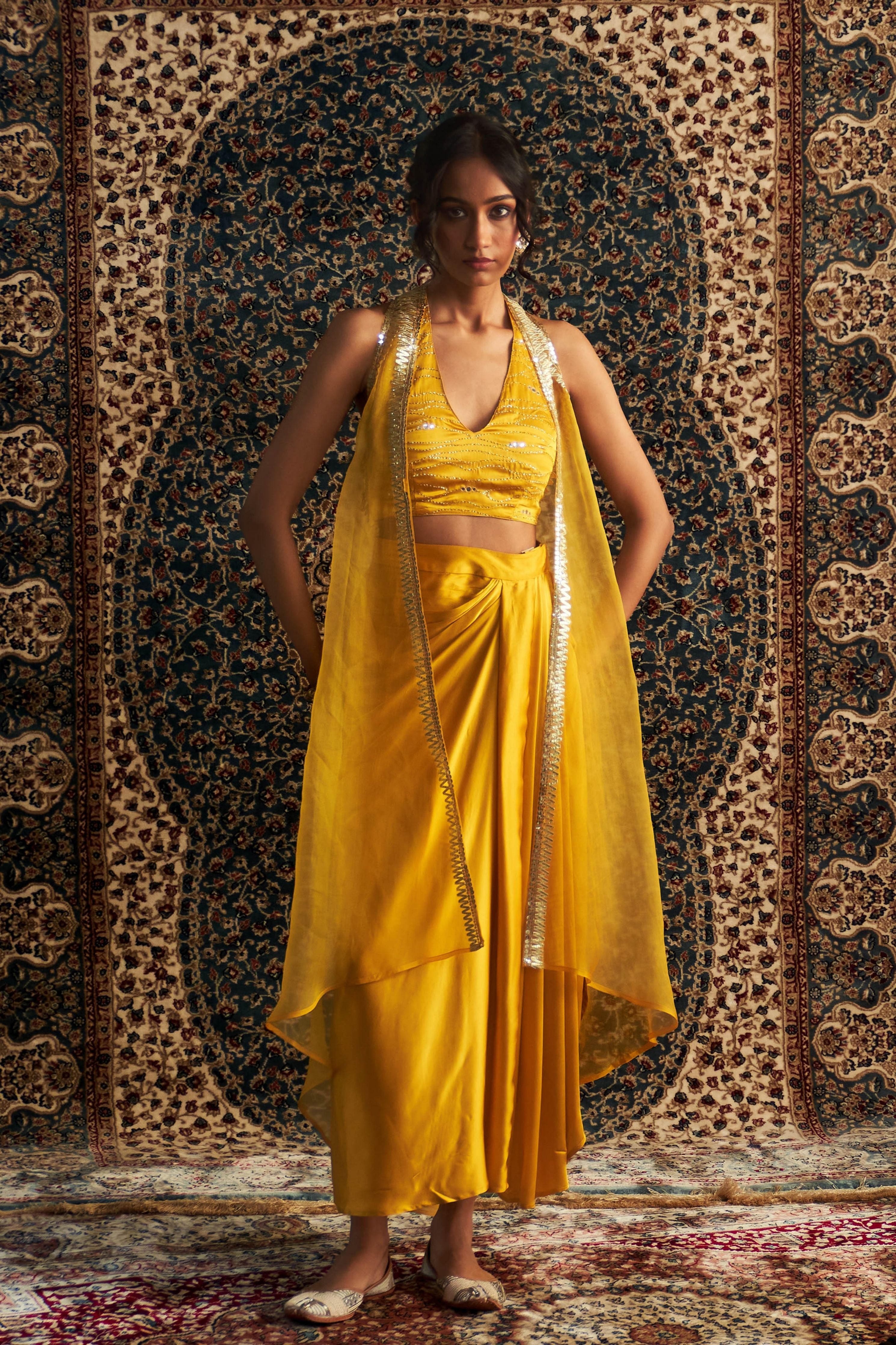 Marigold Embroidered jacket with Draped Skirt Set
