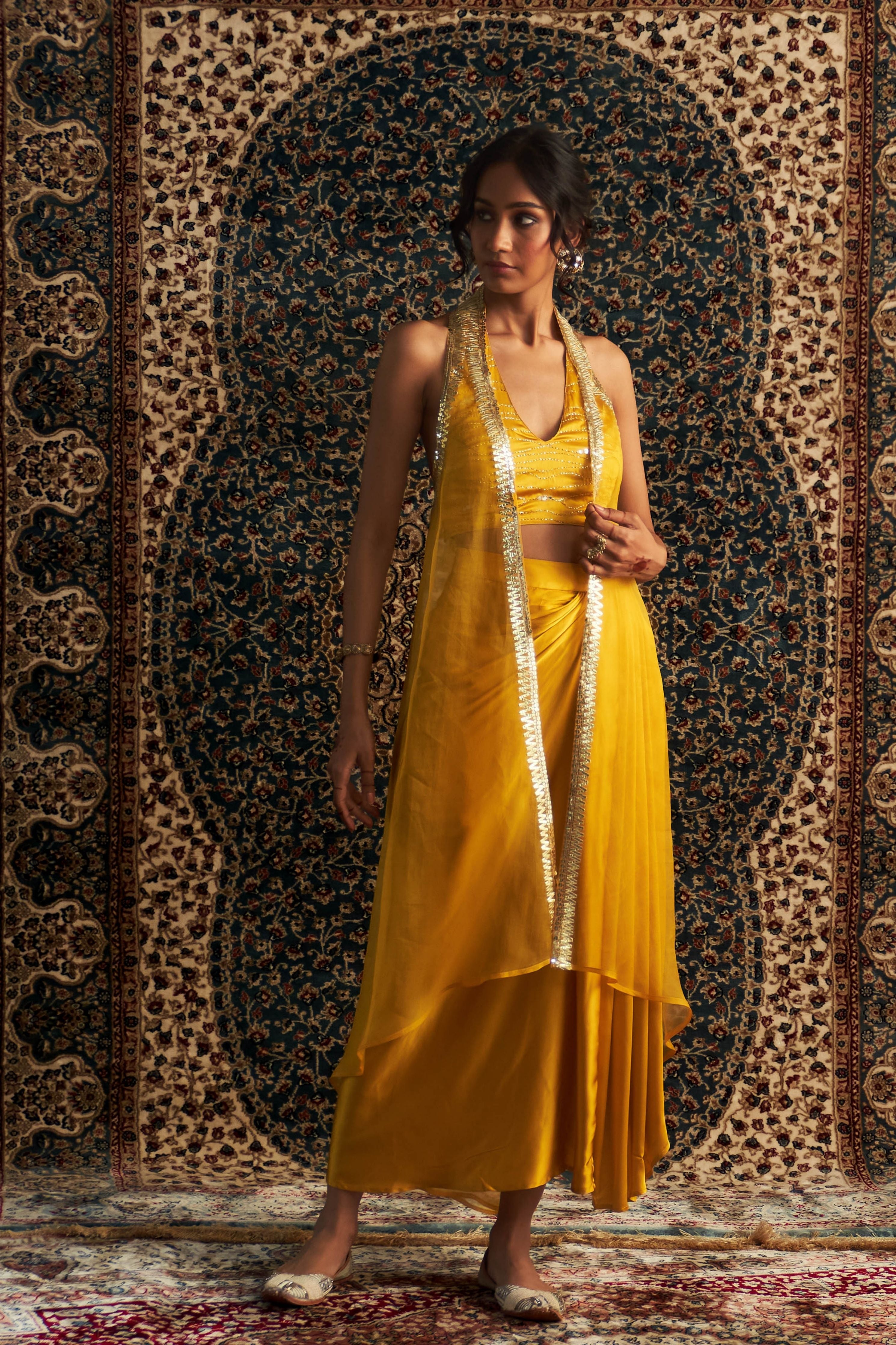Marigold Embroidered jacket with Draped Skirt Set