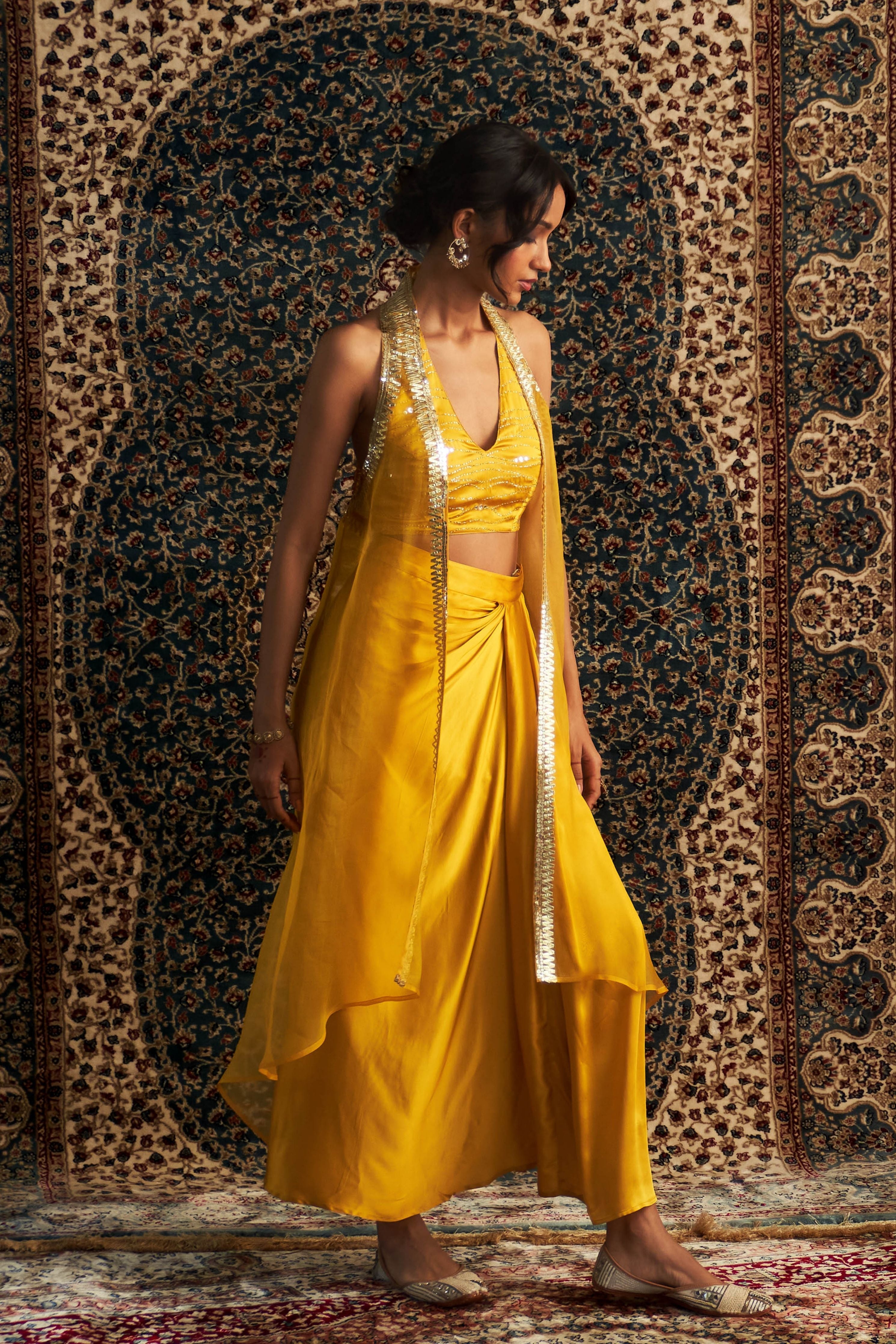 Marigold Embroidered jacket with Draped Skirt Set