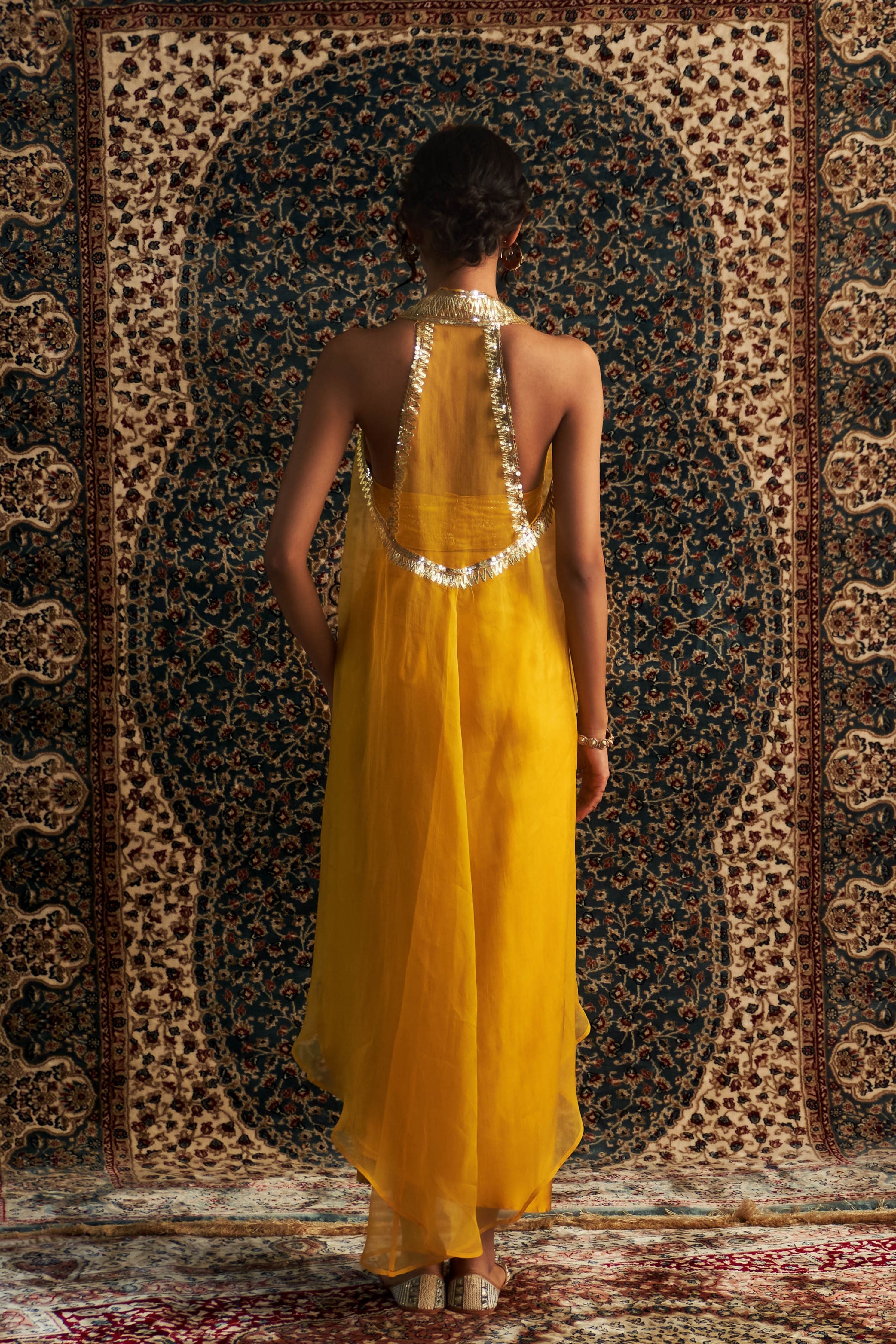 Marigold Embroidered jacket with Draped Skirt Set