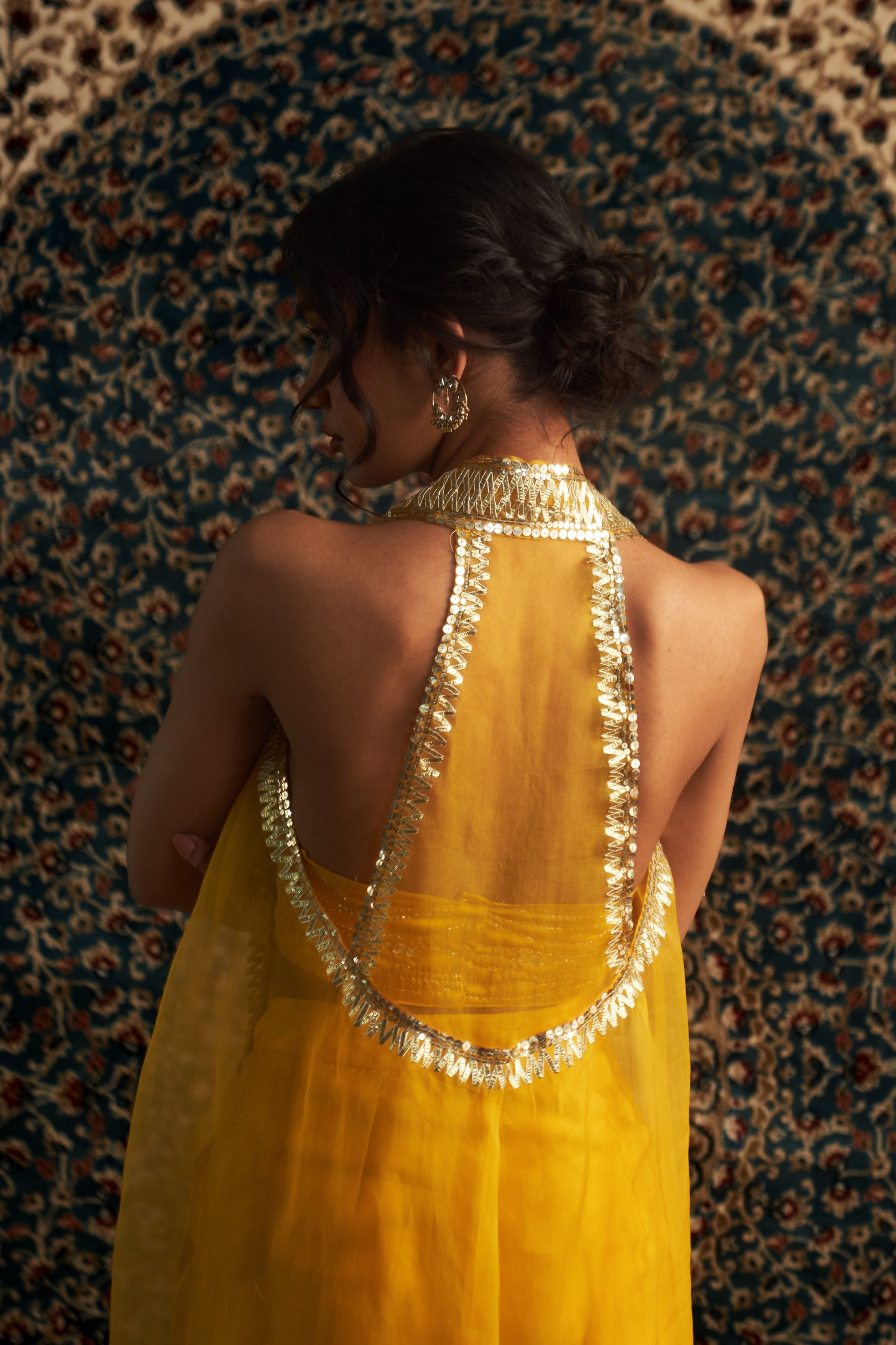 Marigold Embroidered jacket with Draped Skirt Set