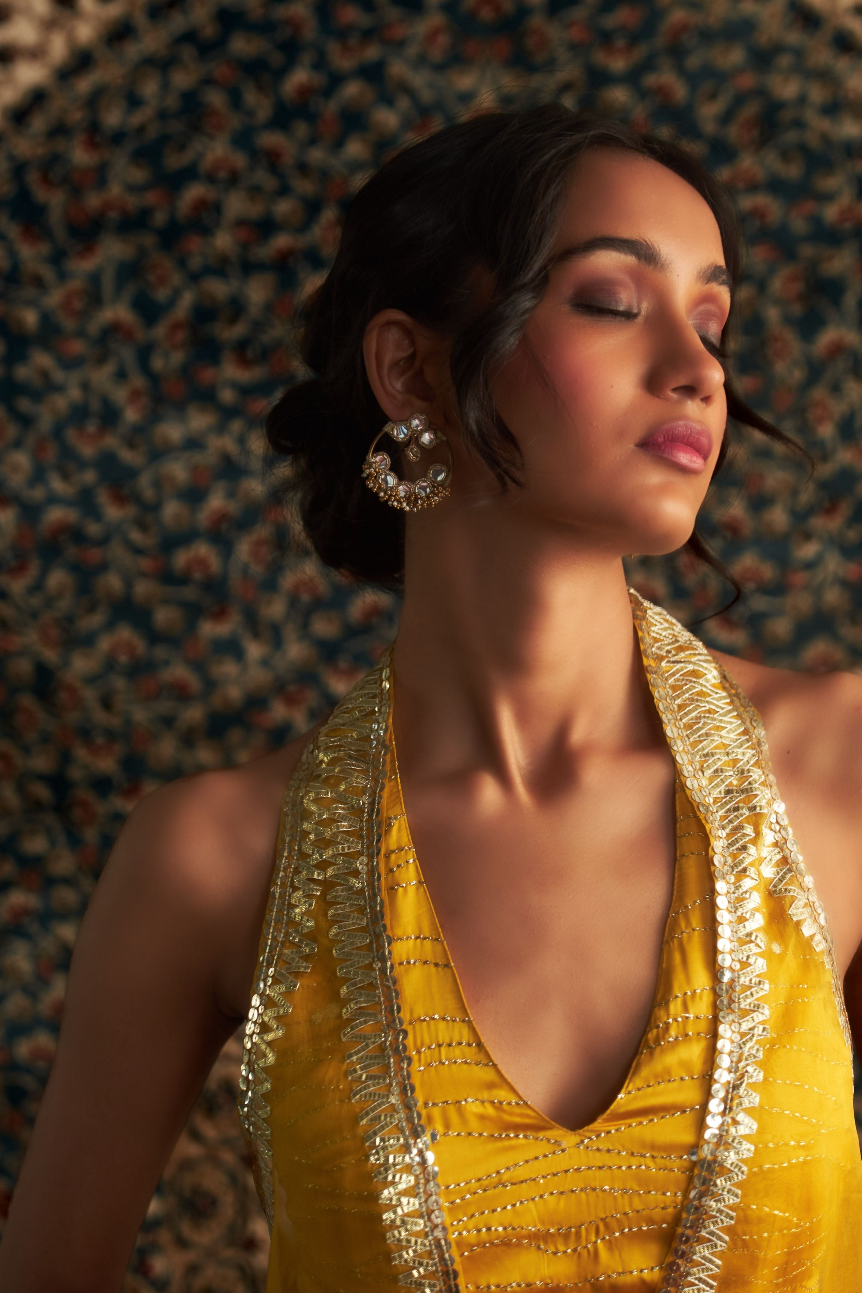 Marigold Embroidered jacket with Draped Skirt Set