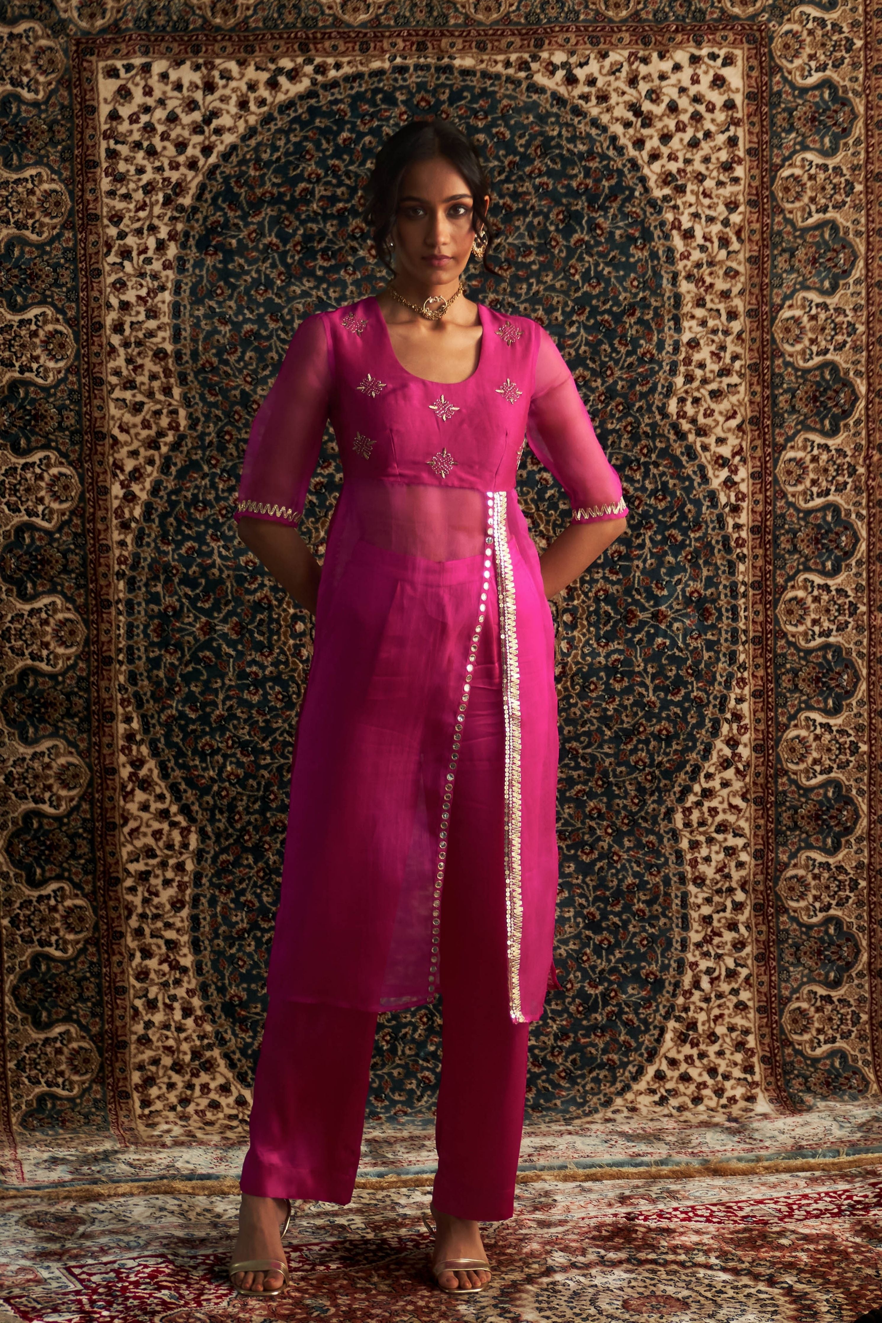 Rani Pink Embroidred Side Slid Straight Kurta Set
