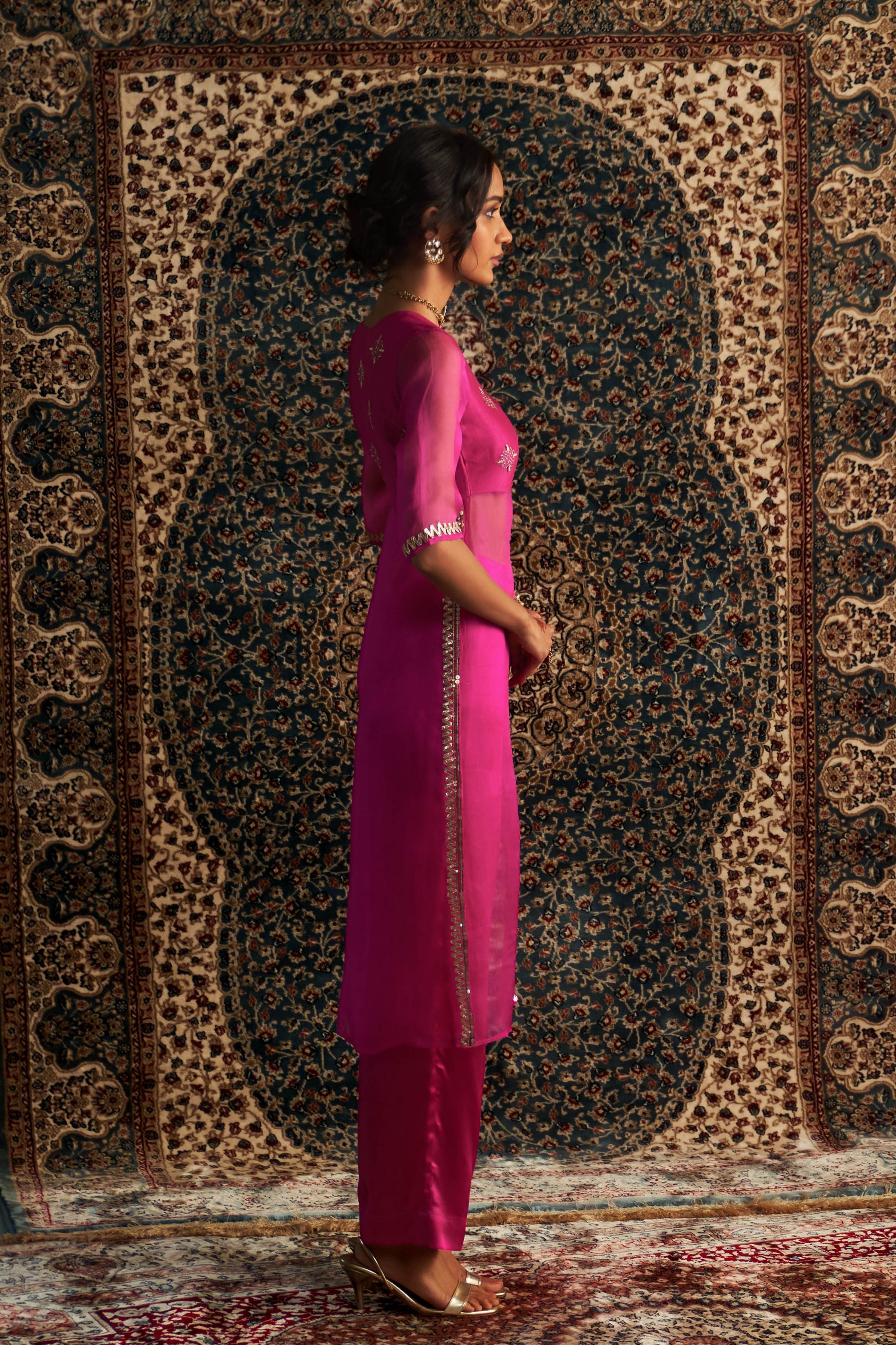 Rani Pink Embroidred Side Slid Straight Kurta Set