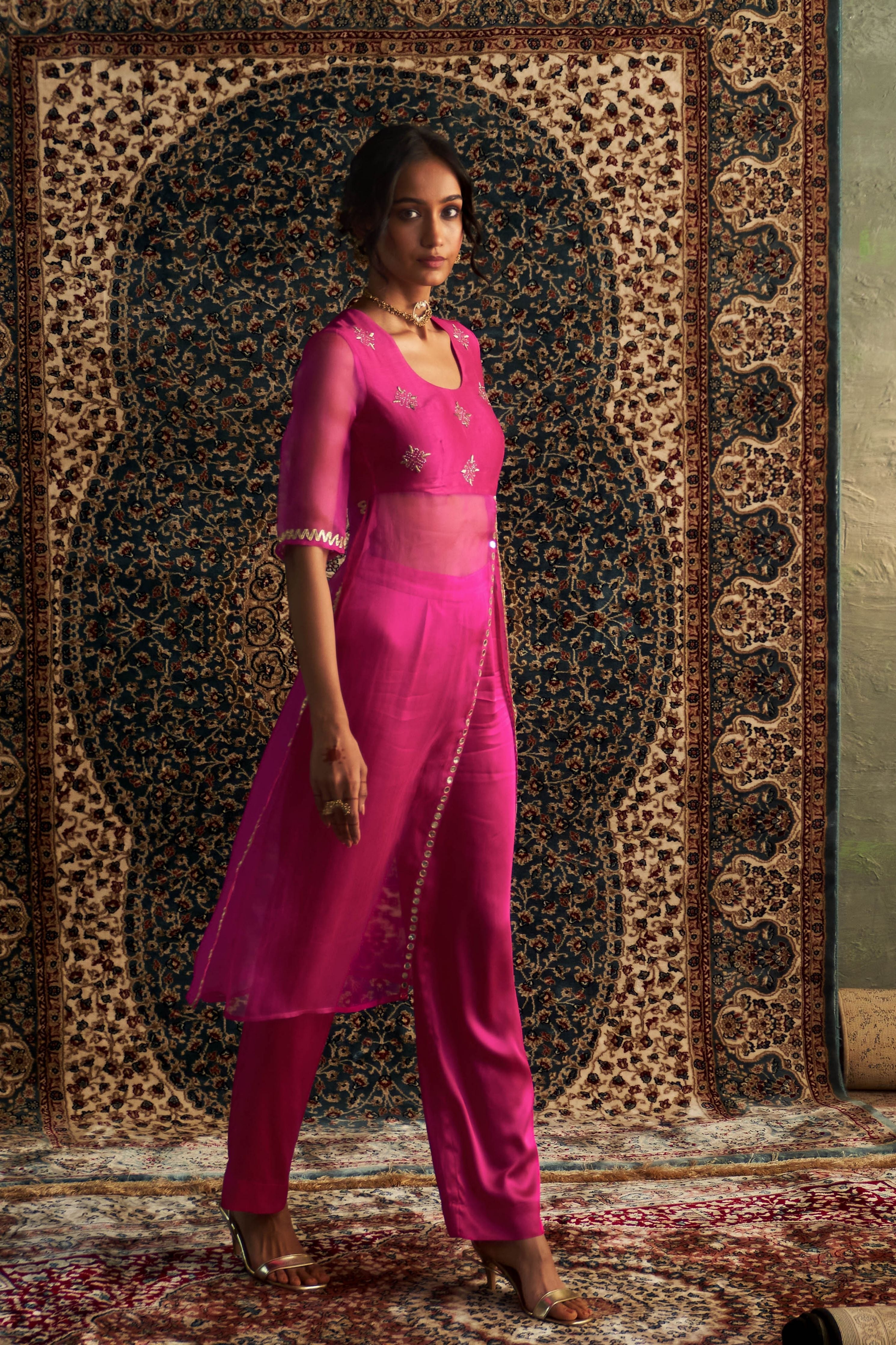 Rani Pink Embroidred Side Slid Straight Kurta Set