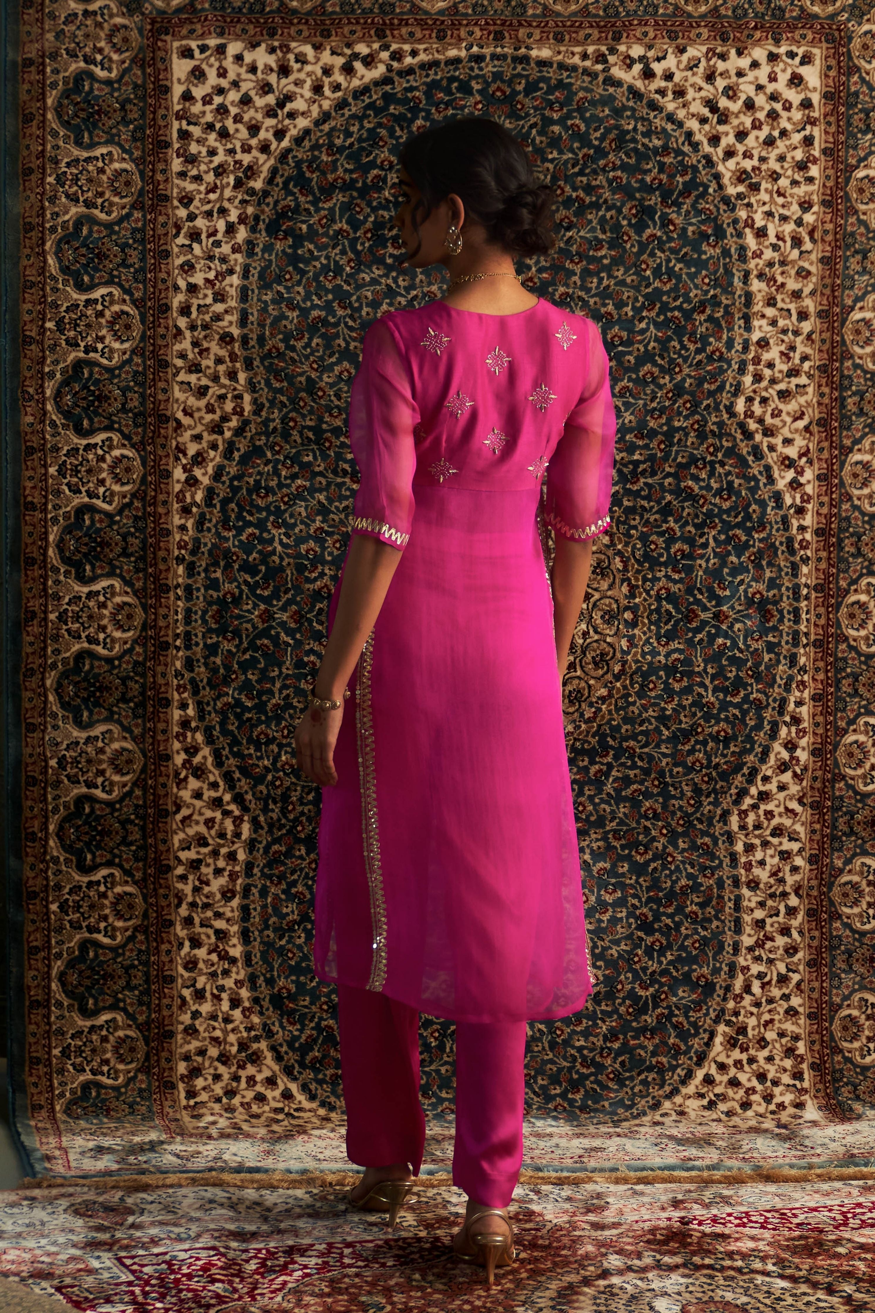 Rani Pink Embroidred Side Slid Straight Kurta Set