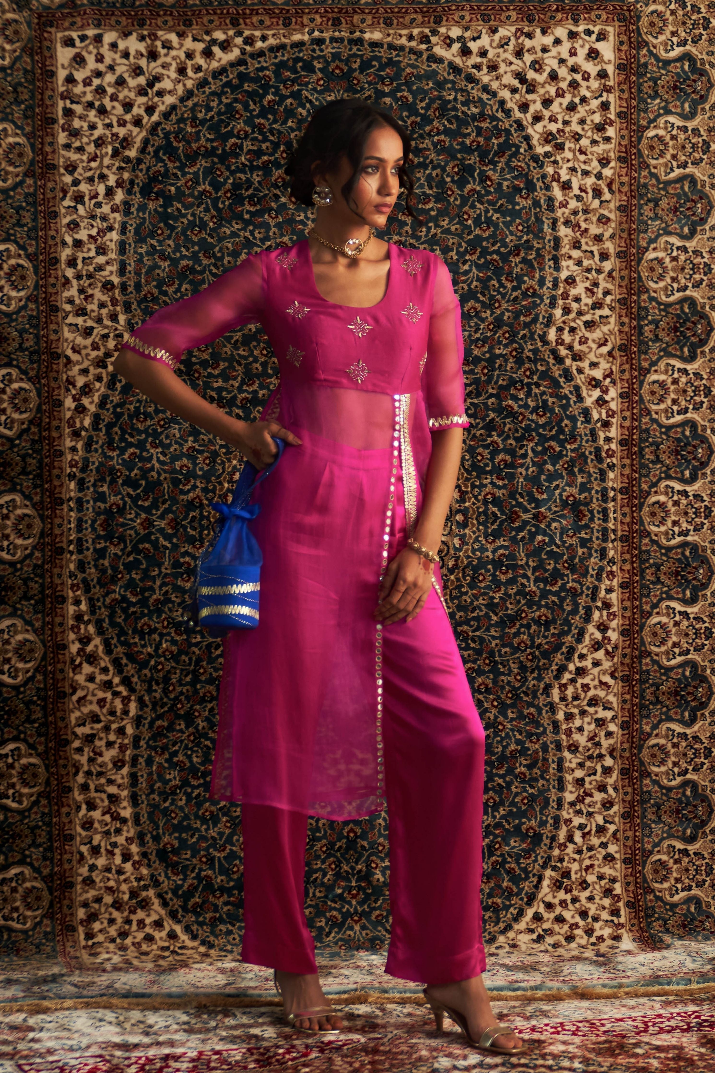 Rani Pink Embroidred Side Slid Straight Kurta Set
