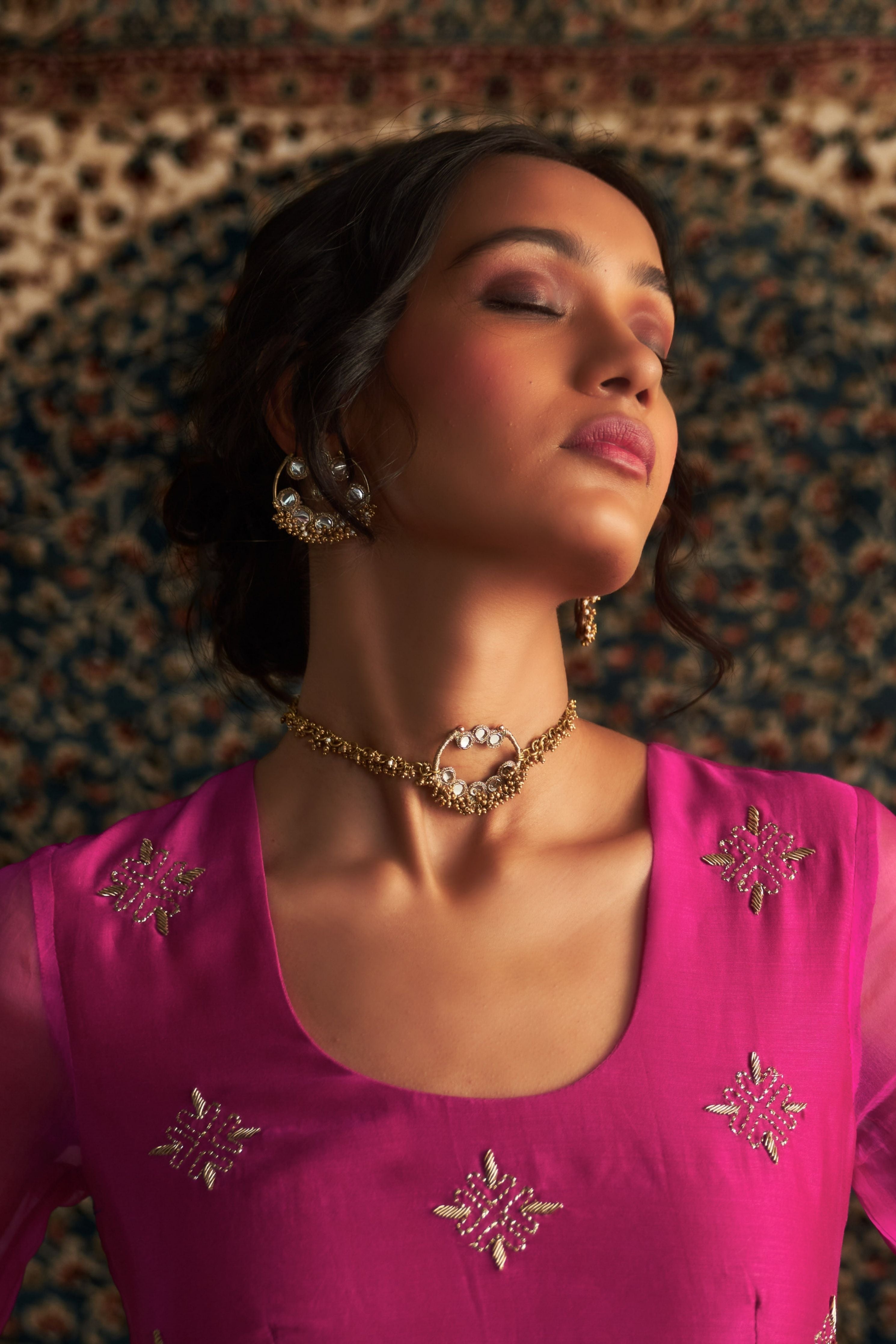 Rani Pink Embroidred Side Slid Straight Kurta Set