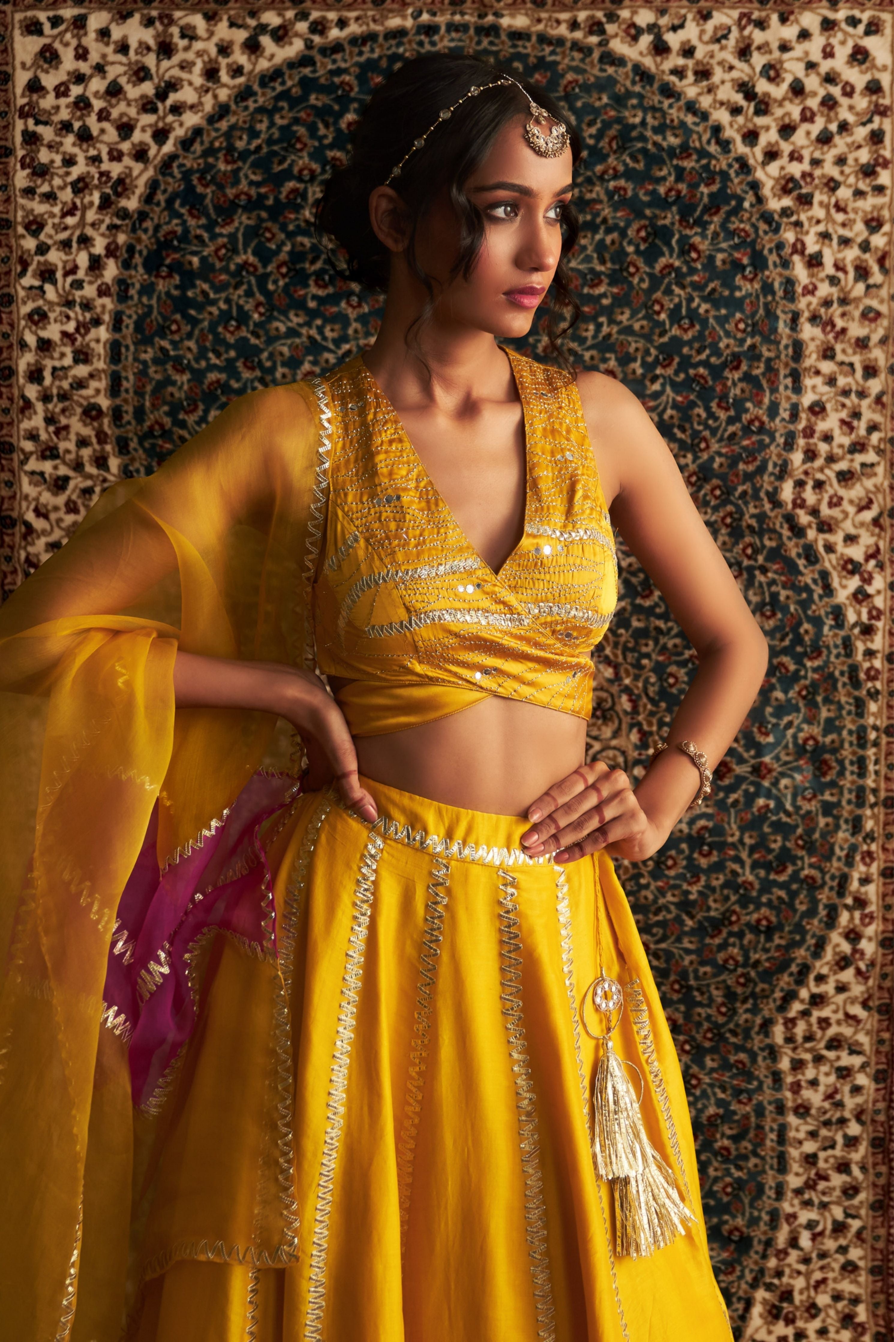 Marigold Embroidered Lehenga with Back Tie Up Blouse