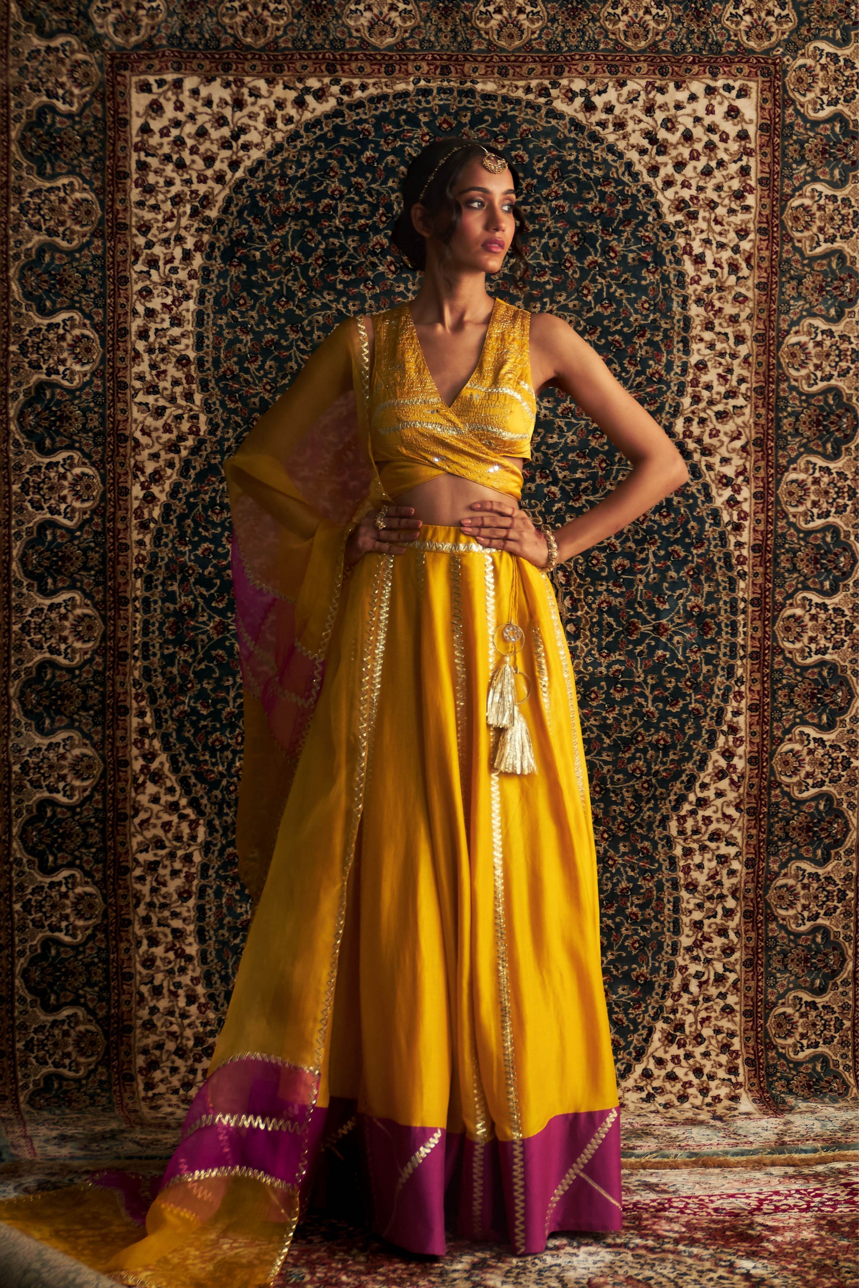 Marigold Embroidered Lehenga with Back Tie Up Blouse
