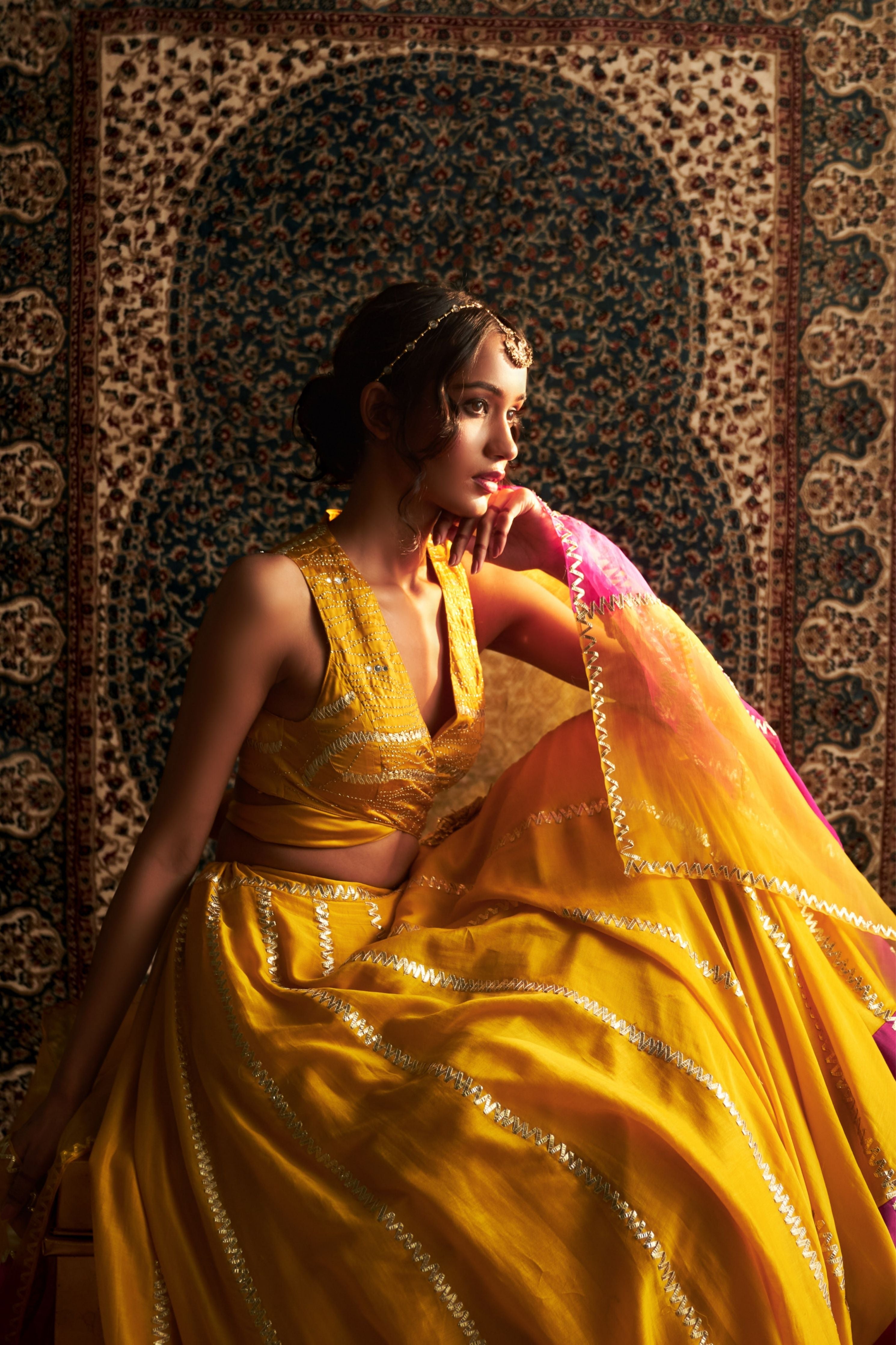 Marigold Embroidered Lehenga with Back Tie Up Blouse