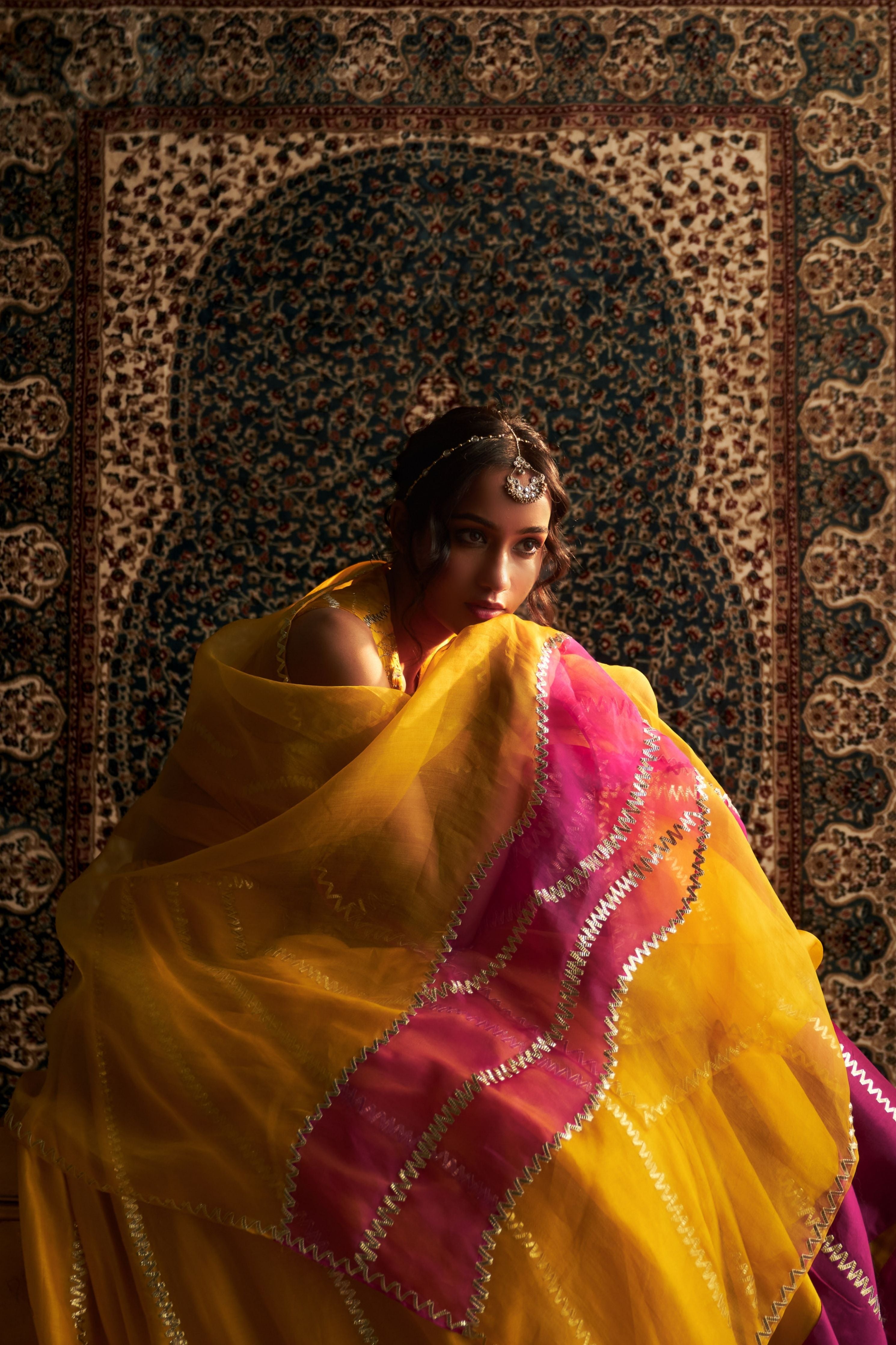 Marigold Embroidered Lehenga with Back Tie Up Blouse
