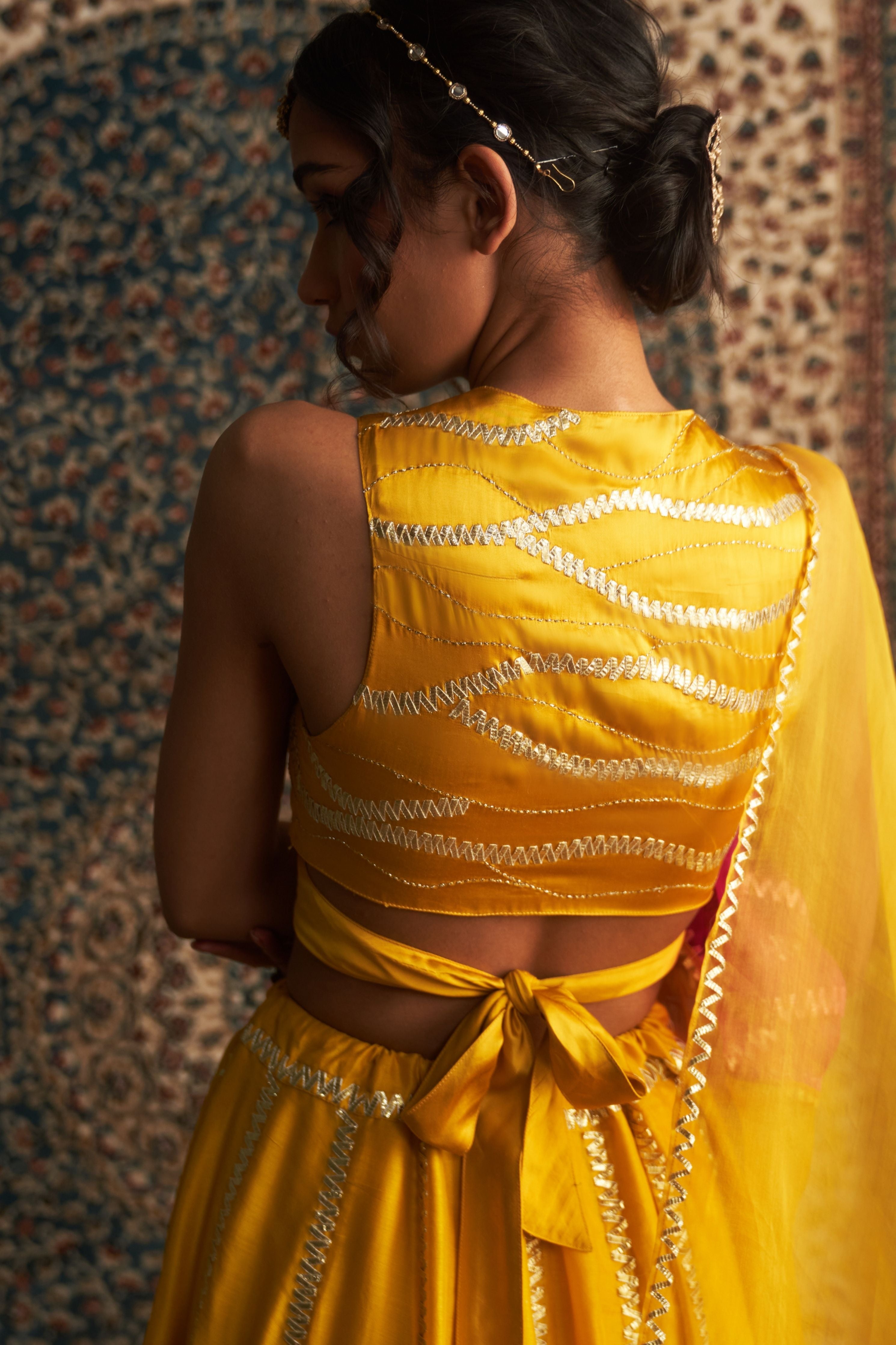 Marigold Embroidered Lehenga with Back Tie Up Blouse