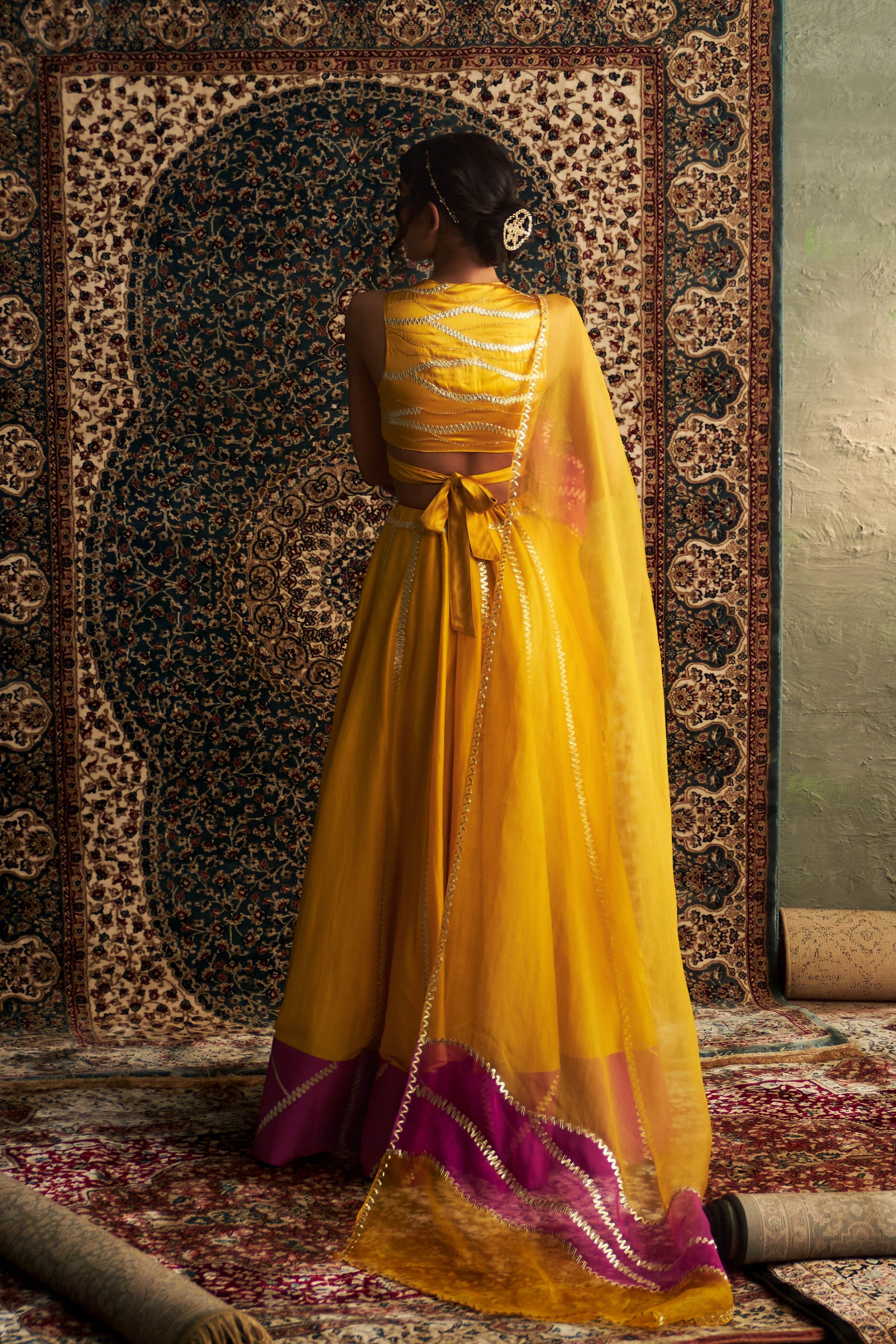 Marigold Embroidered Lehenga with Back Tie Up Blouse