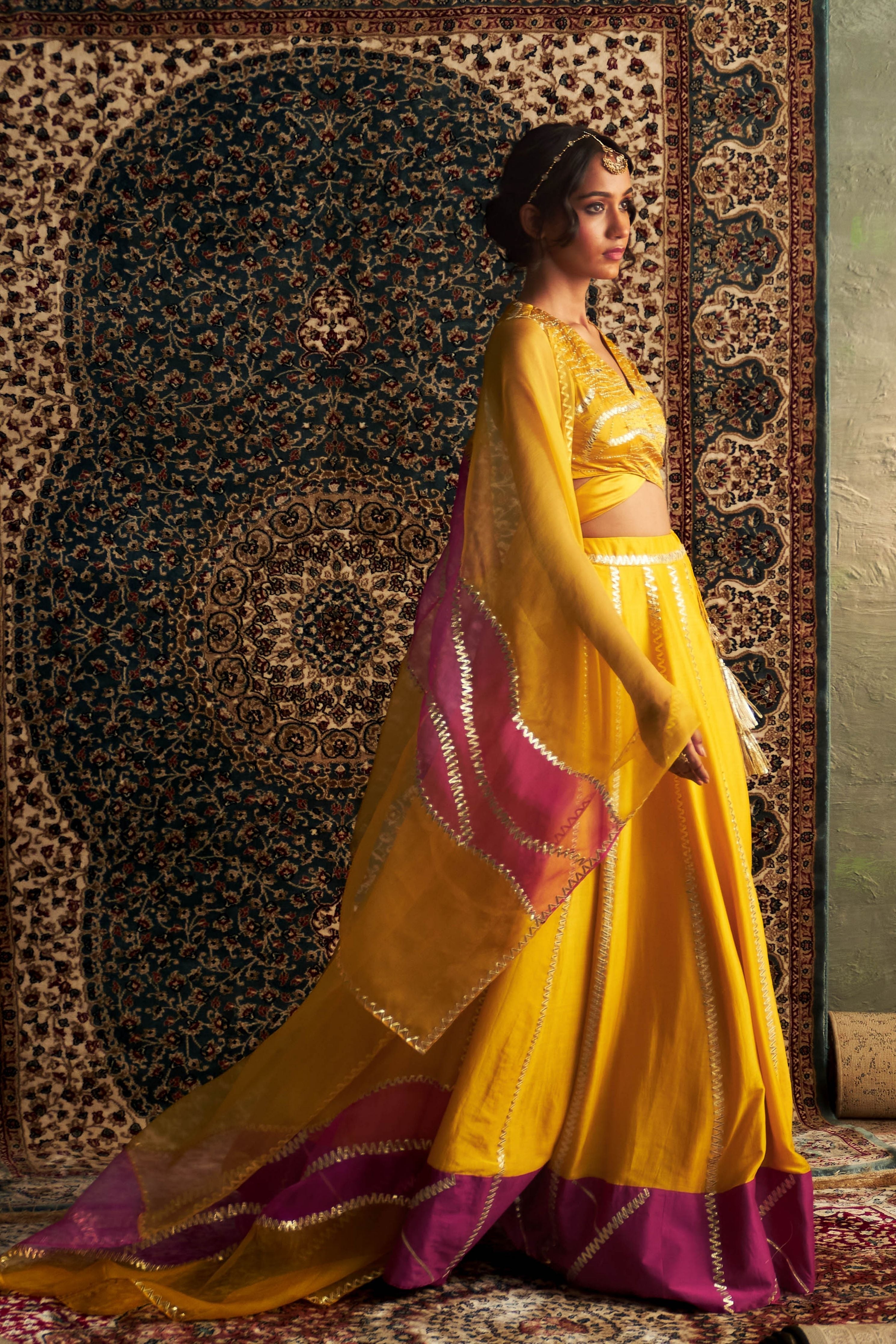 Marigold Embroidered Lehenga with Back Tie Up Blouse
