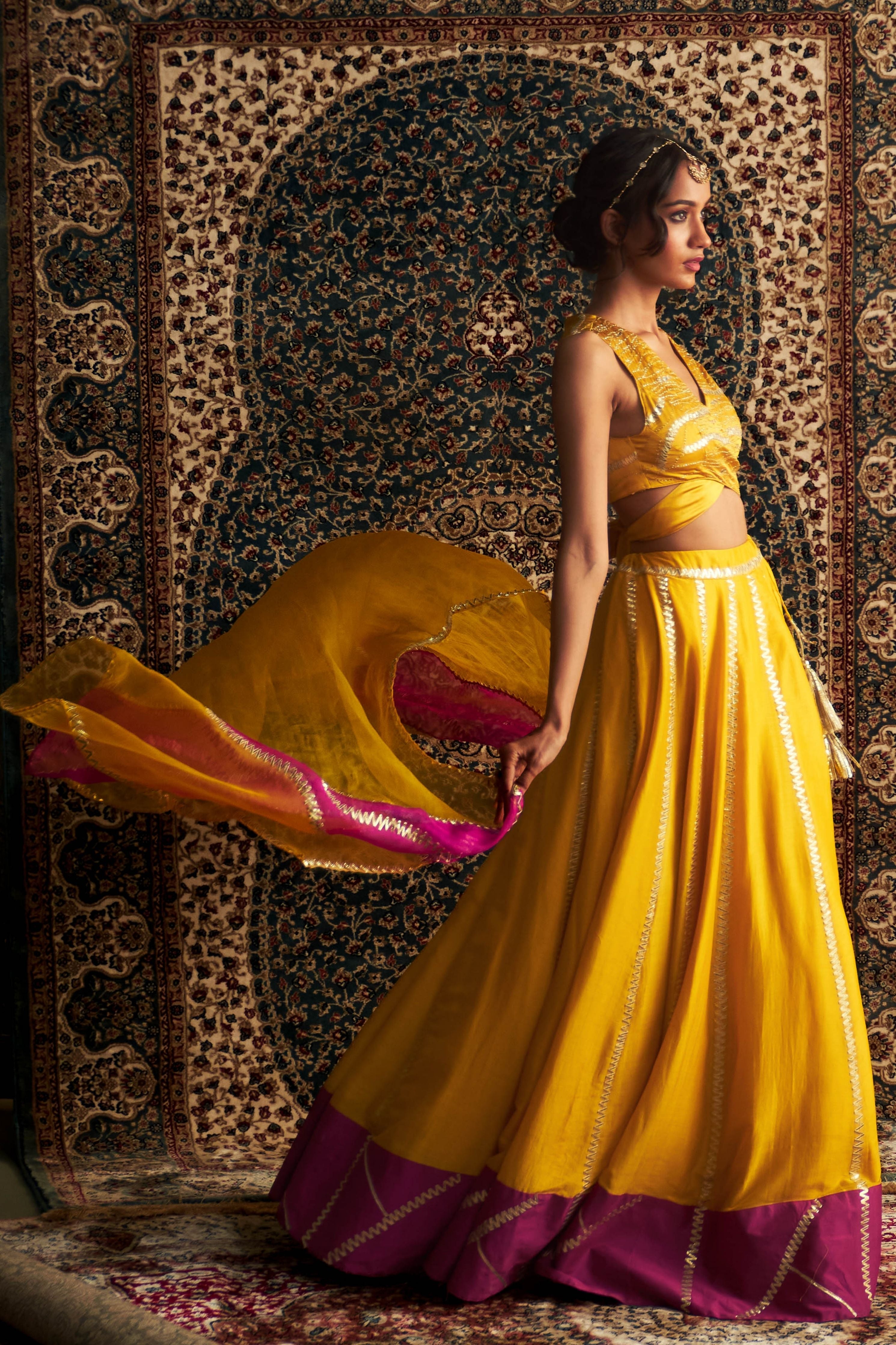 Marigold Embroidered Lehenga with Back Tie Up Blouse