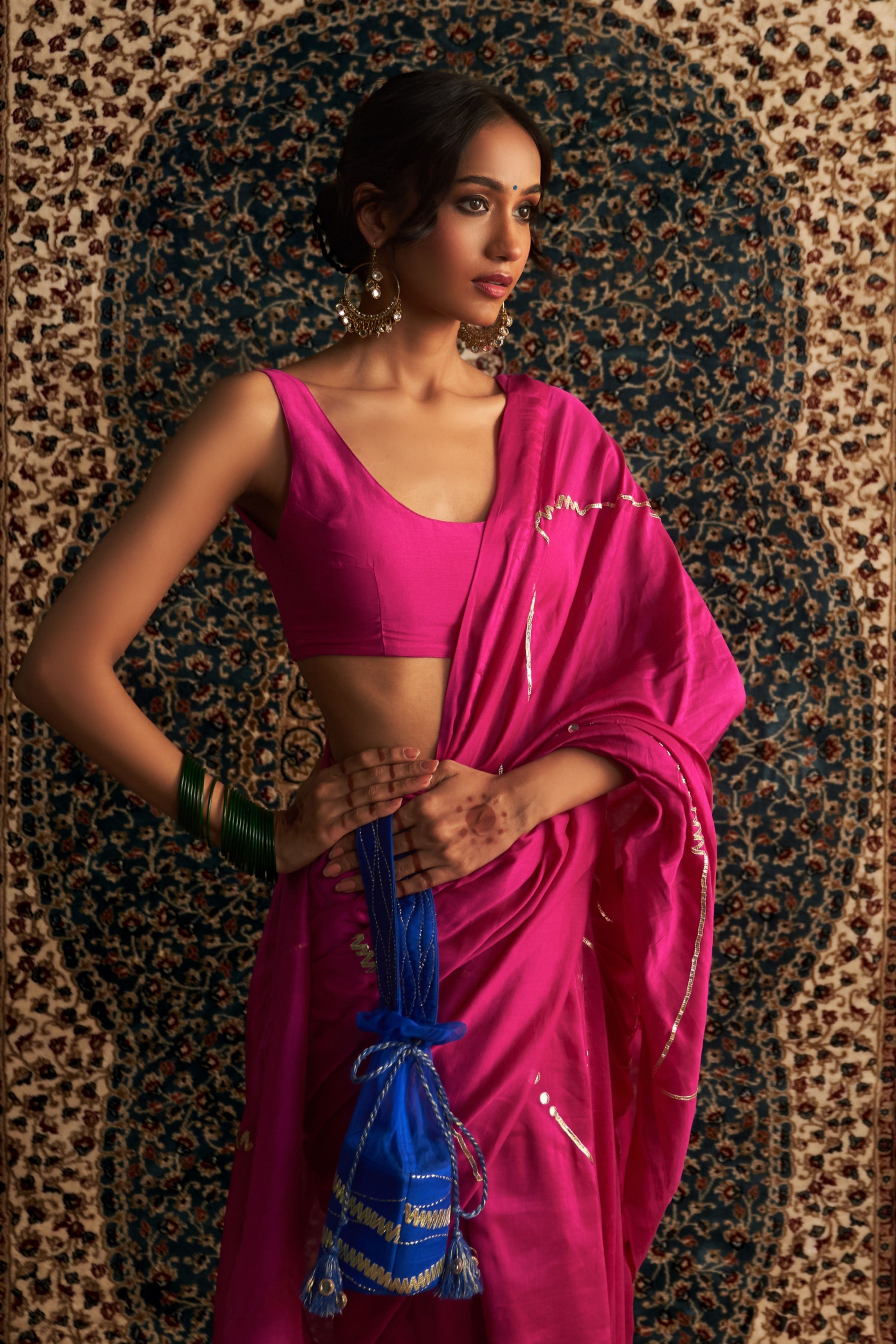 Rani Pink Embroidered Chanderi Saree with Rani Pink Sleeveless Blouse