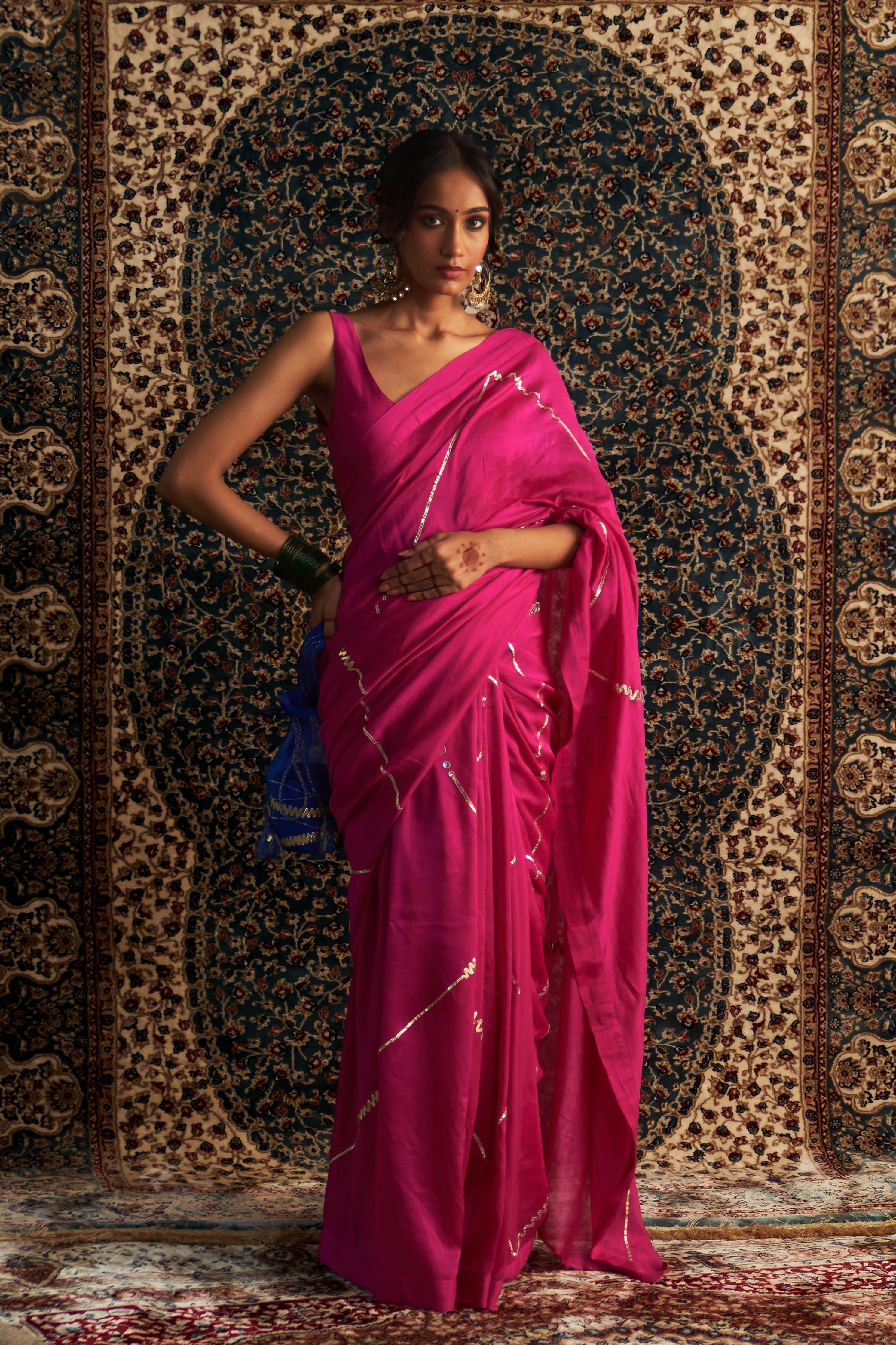 Rani Pink Embroidered Chanderi Saree with Rani Pink Sleeveless Blouse