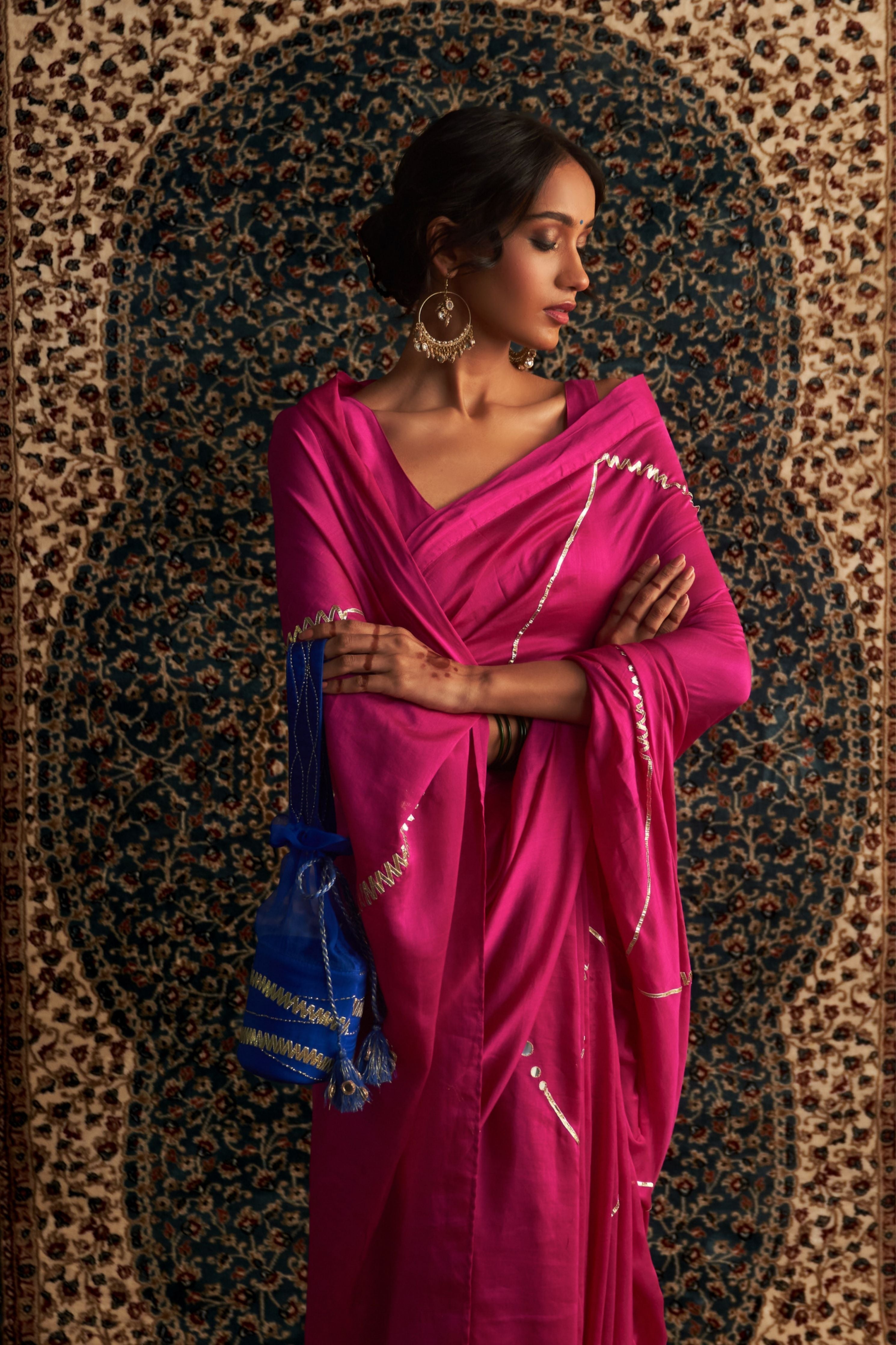 Rani Pink Embroidered Chanderi Saree with Rani Pink Sleeveless Blouse