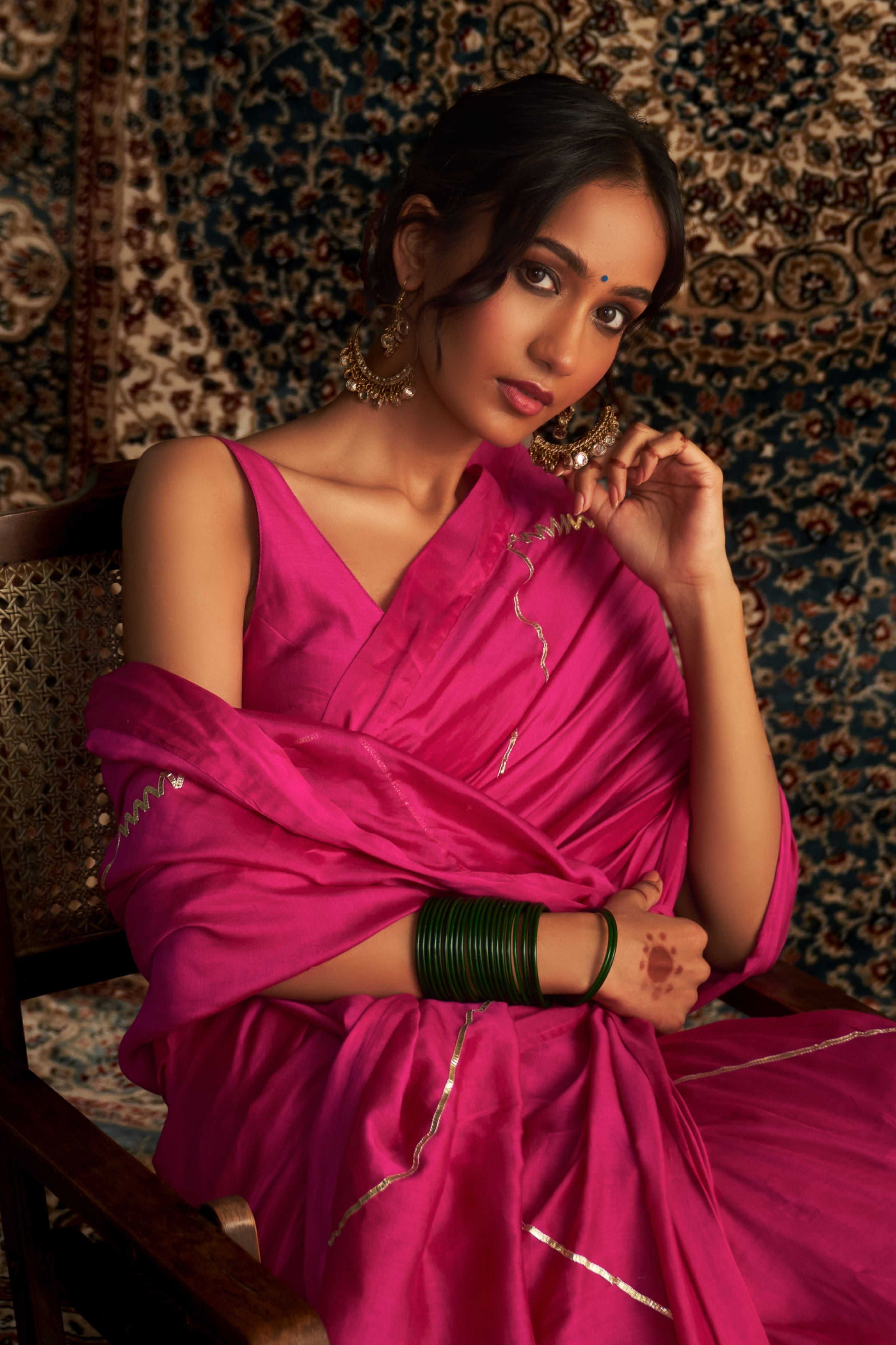 Rani Pink Embroidered Chanderi Saree with Rani Pink Sleeveless Blouse