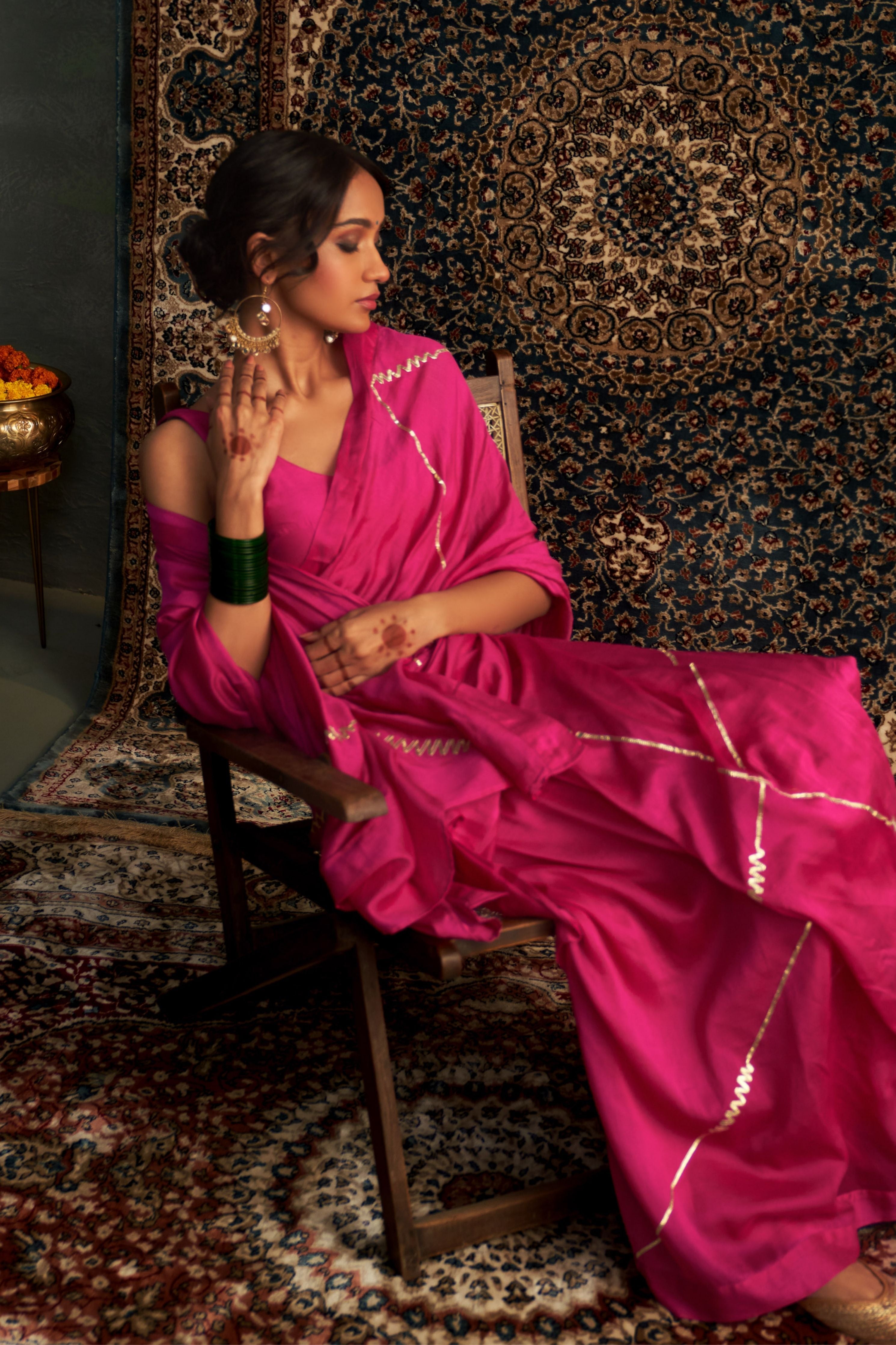 Rani Pink Embroidered Chanderi Saree with Rani Pink Sleeveless Blouse