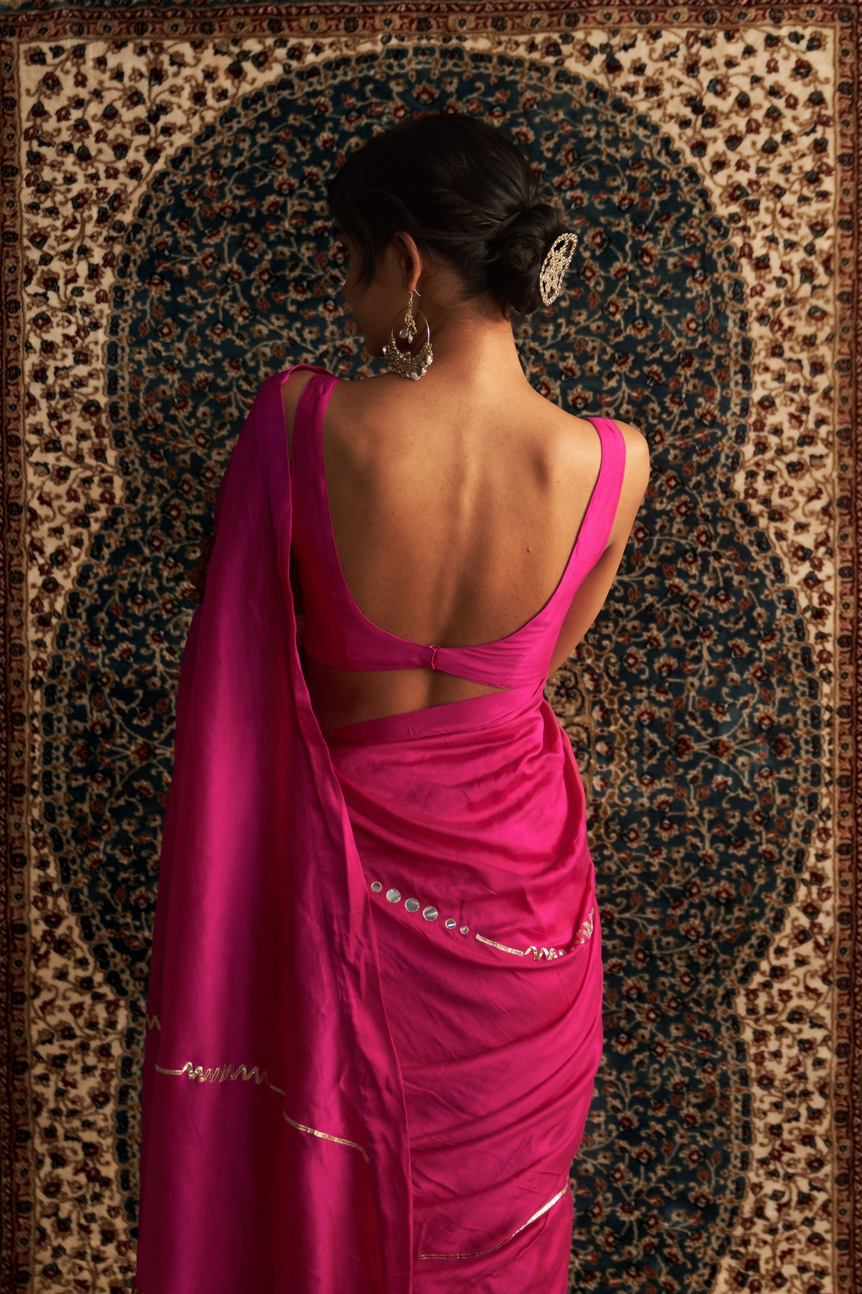 Rani Pink Embroidered Chanderi Saree with Rani Pink Sleeveless Blouse
