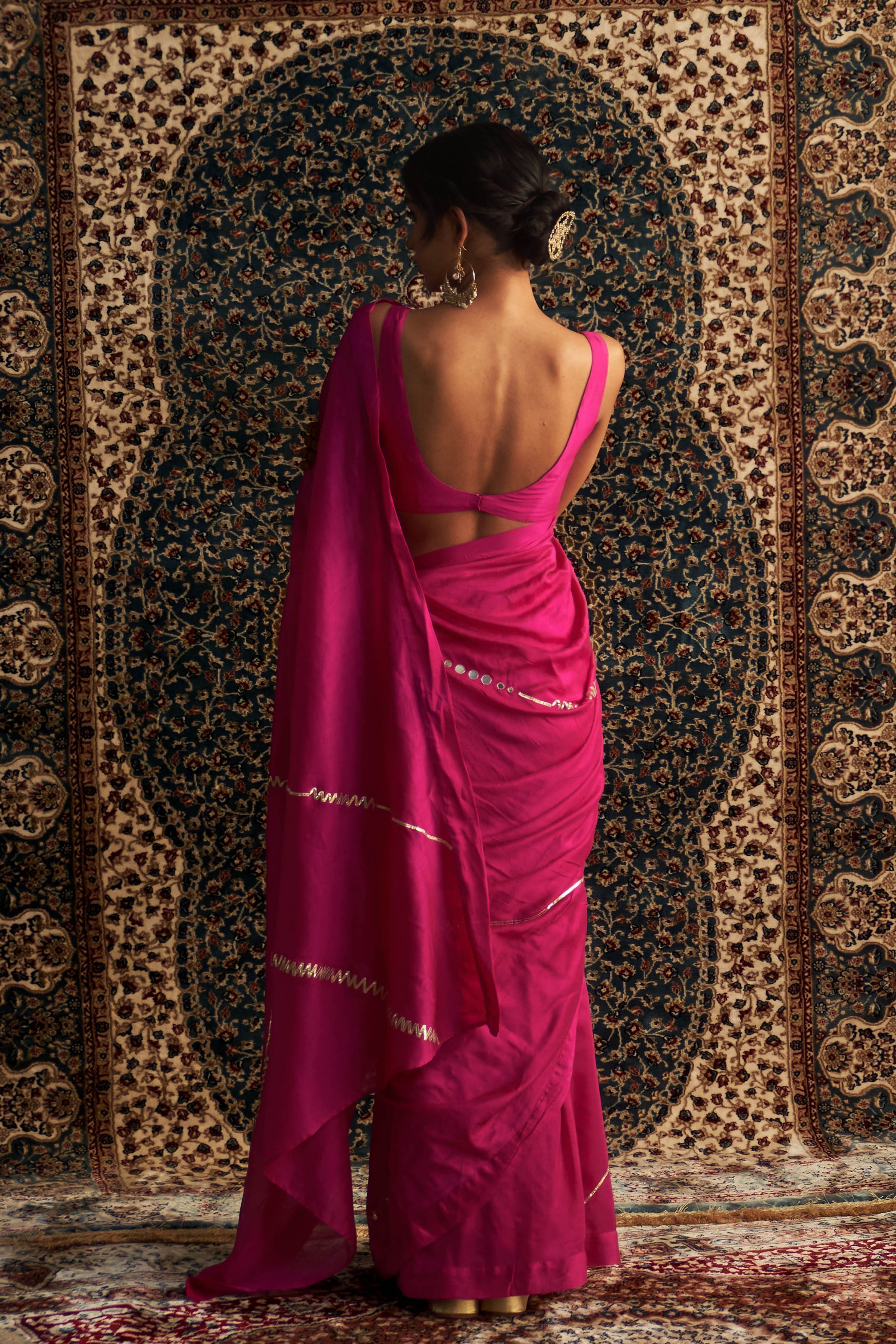 Rani Pink Embroidered Chanderi Saree with Rani Pink Sleeveless Blouse
