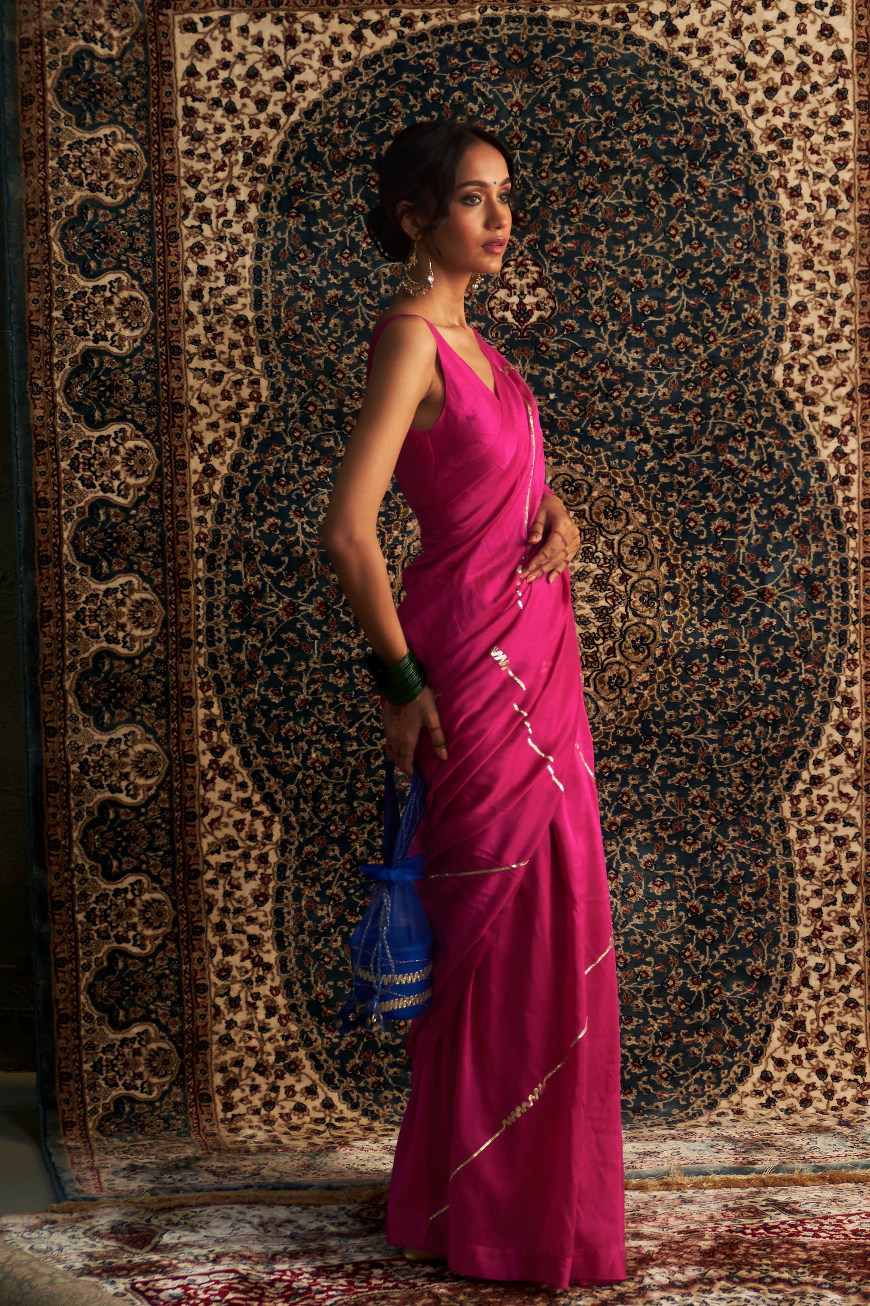 Rani Pink Embroidered Chanderi Saree with Rani Pink Sleeveless Blouse