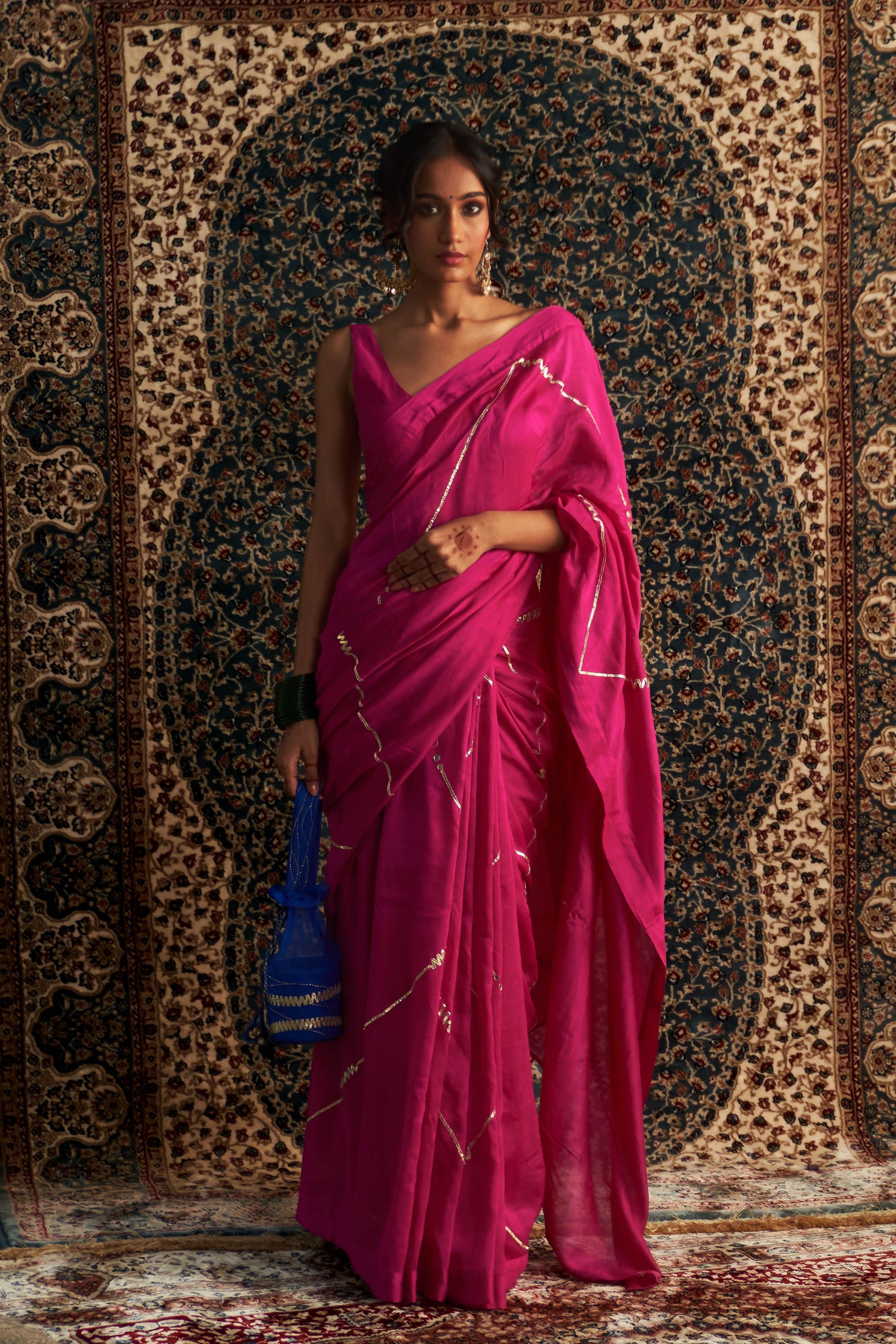Rani Pink Embroidered Chanderi Saree with Rani Pink Sleeveless Blouse