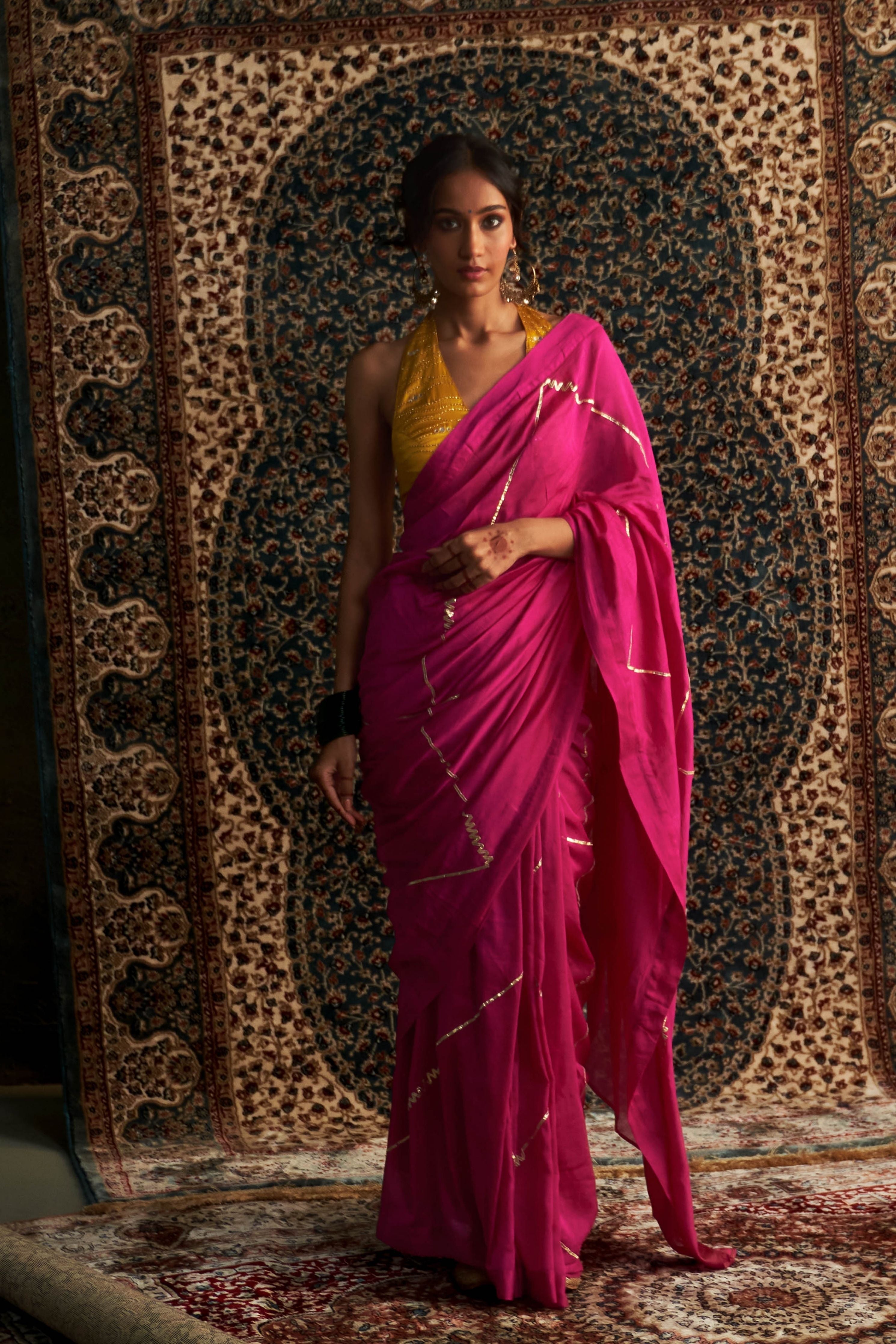 Rani Pink Embroidered Chanderi Saree with Marigold Halter Neck Blouse