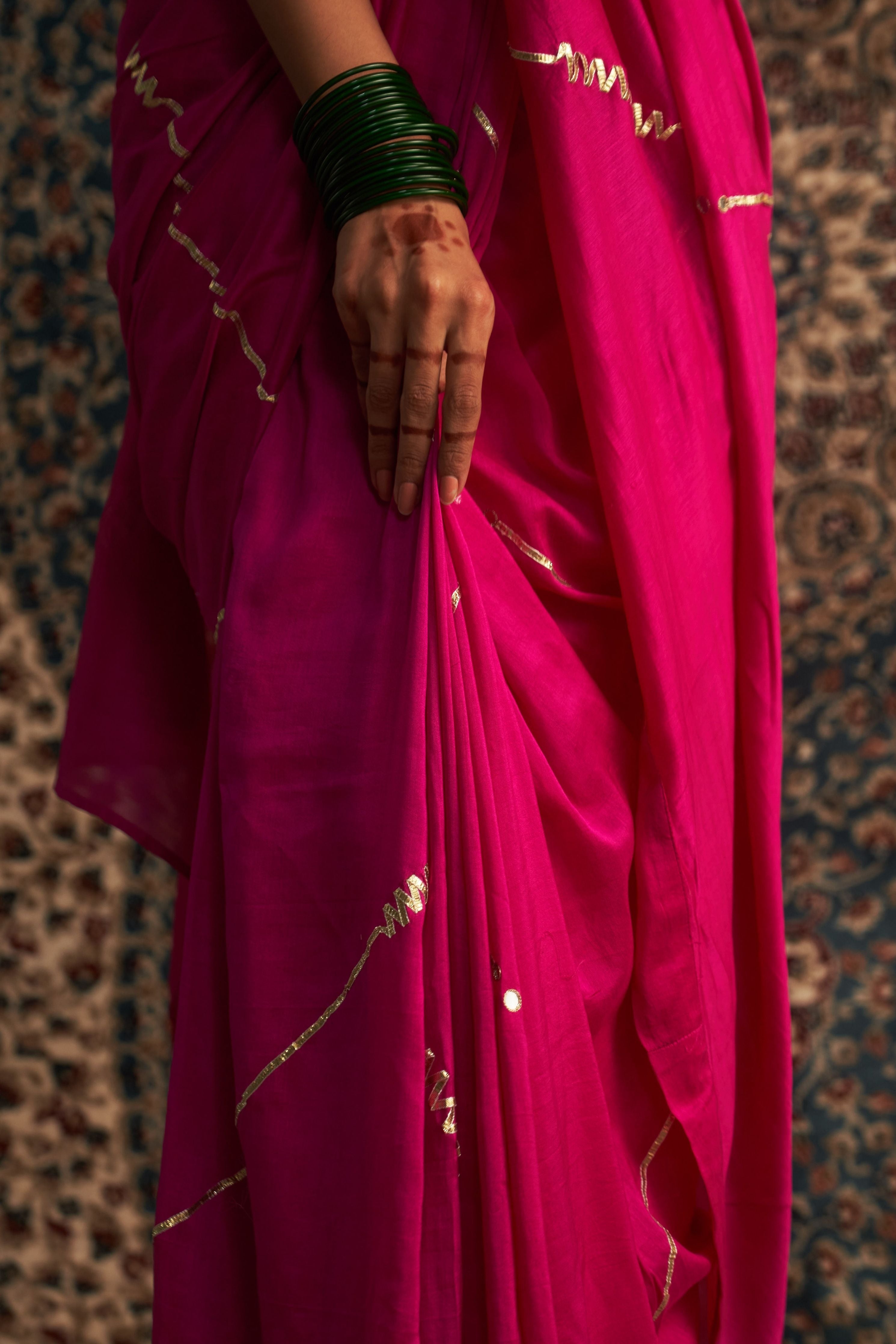 Rani Pink Embroidered Chanderi Saree with Marigold Halter Neck Blouse