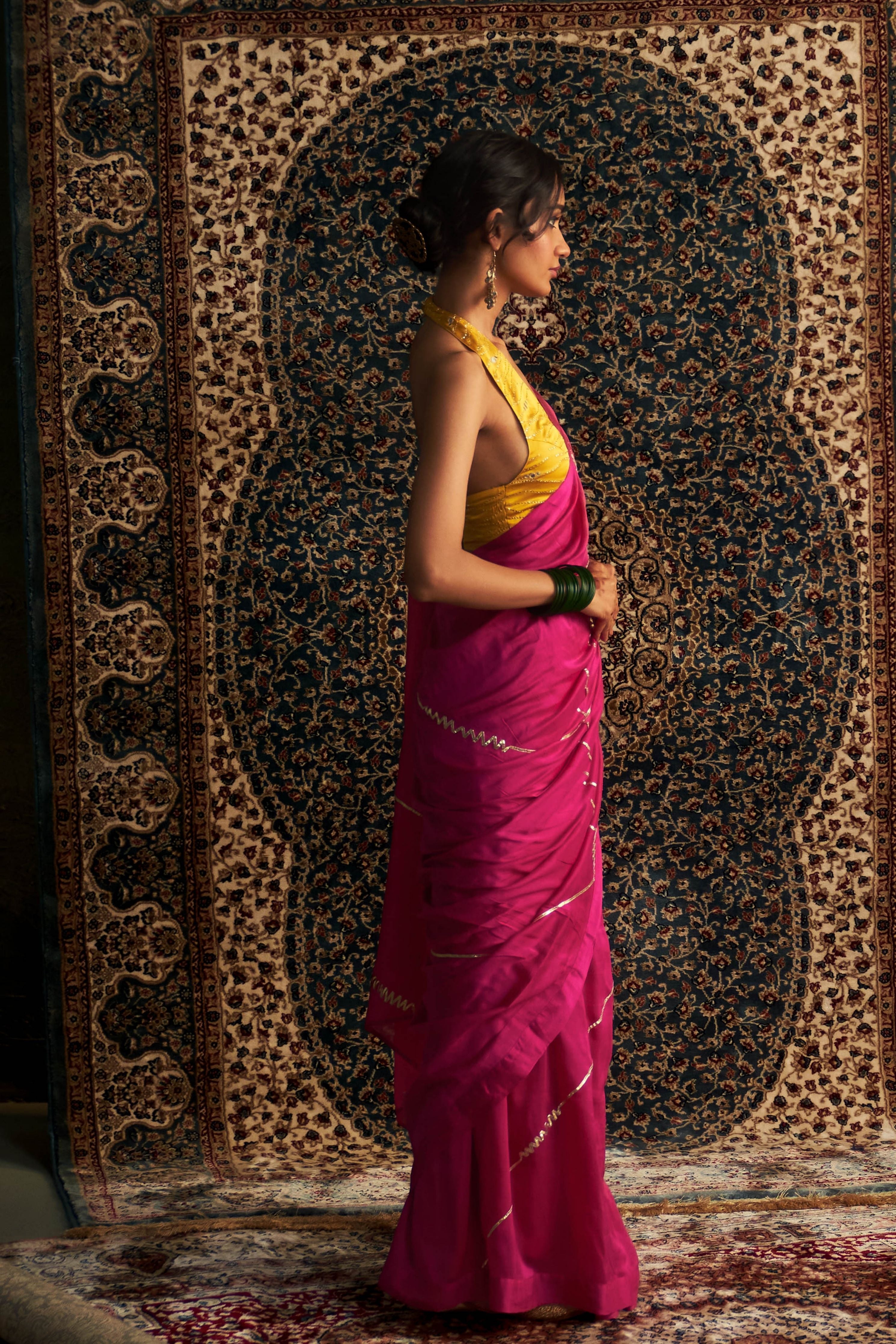 Rani Pink Embroidered Chanderi Saree with Marigold Halter Neck Blouse