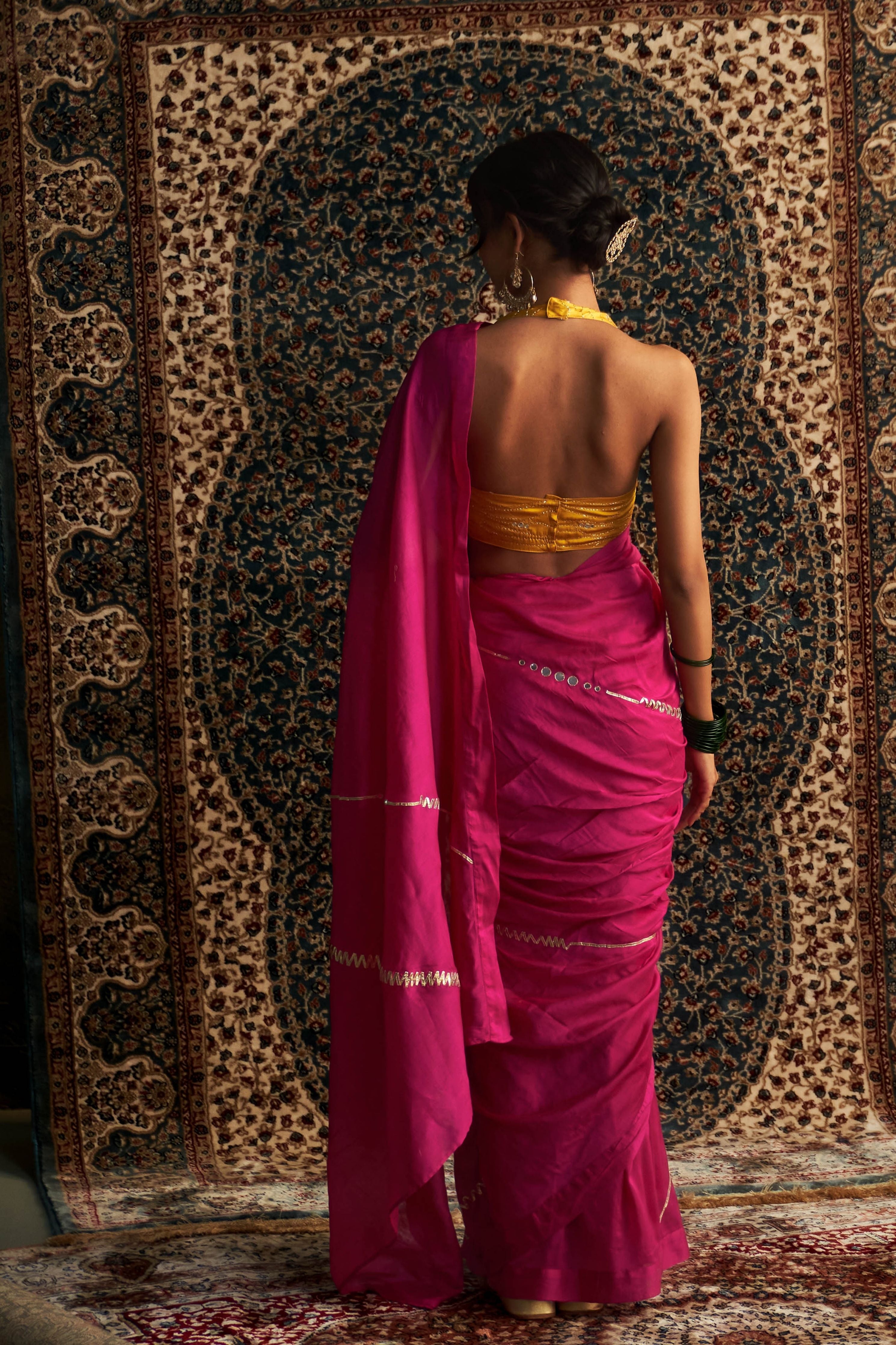 Rani Pink Embroidered Chanderi Saree with Marigold Halter Neck Blouse
