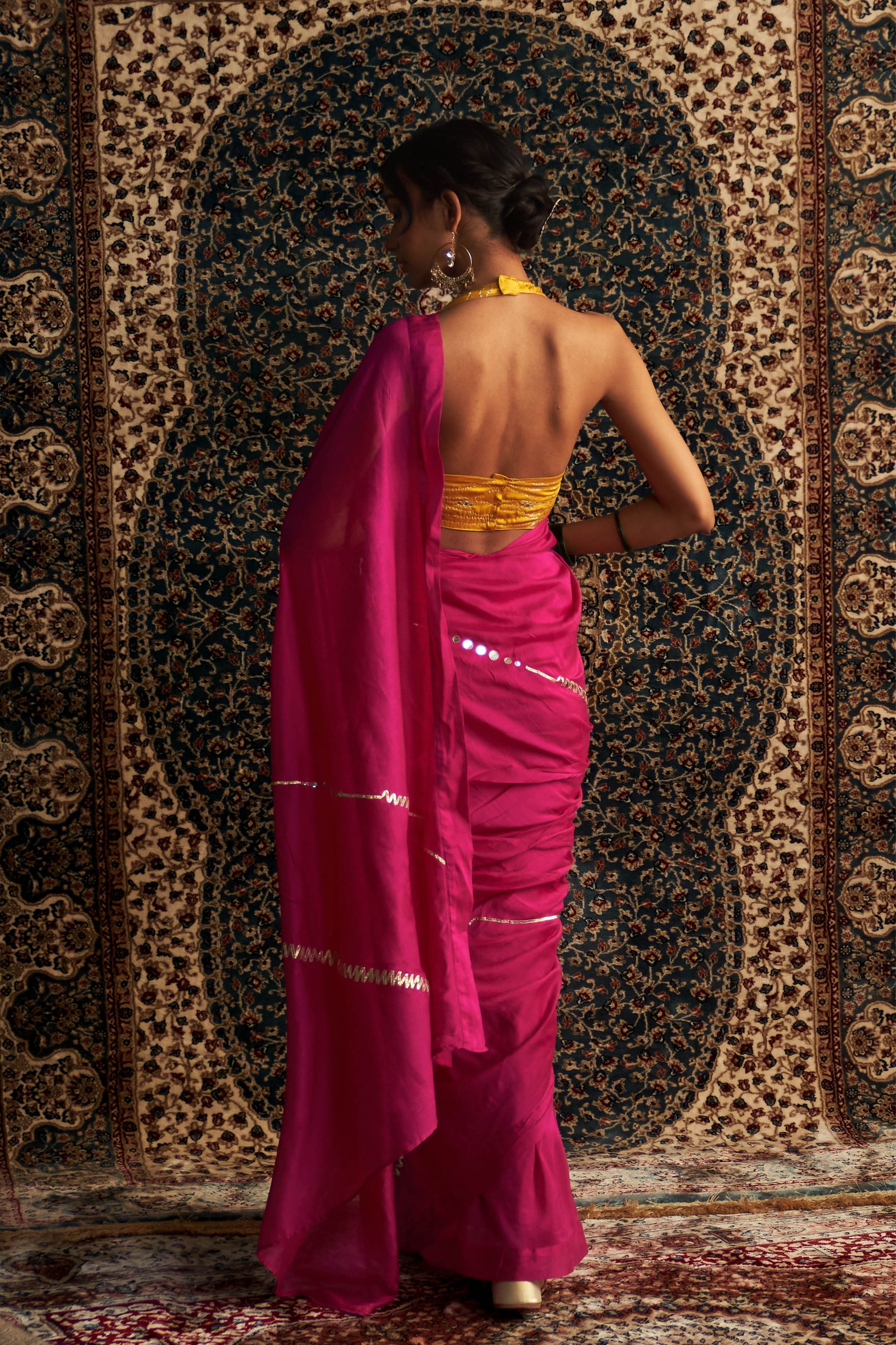 Rani Pink Embroidered Chanderi Saree with Marigold Halter Neck Blouse